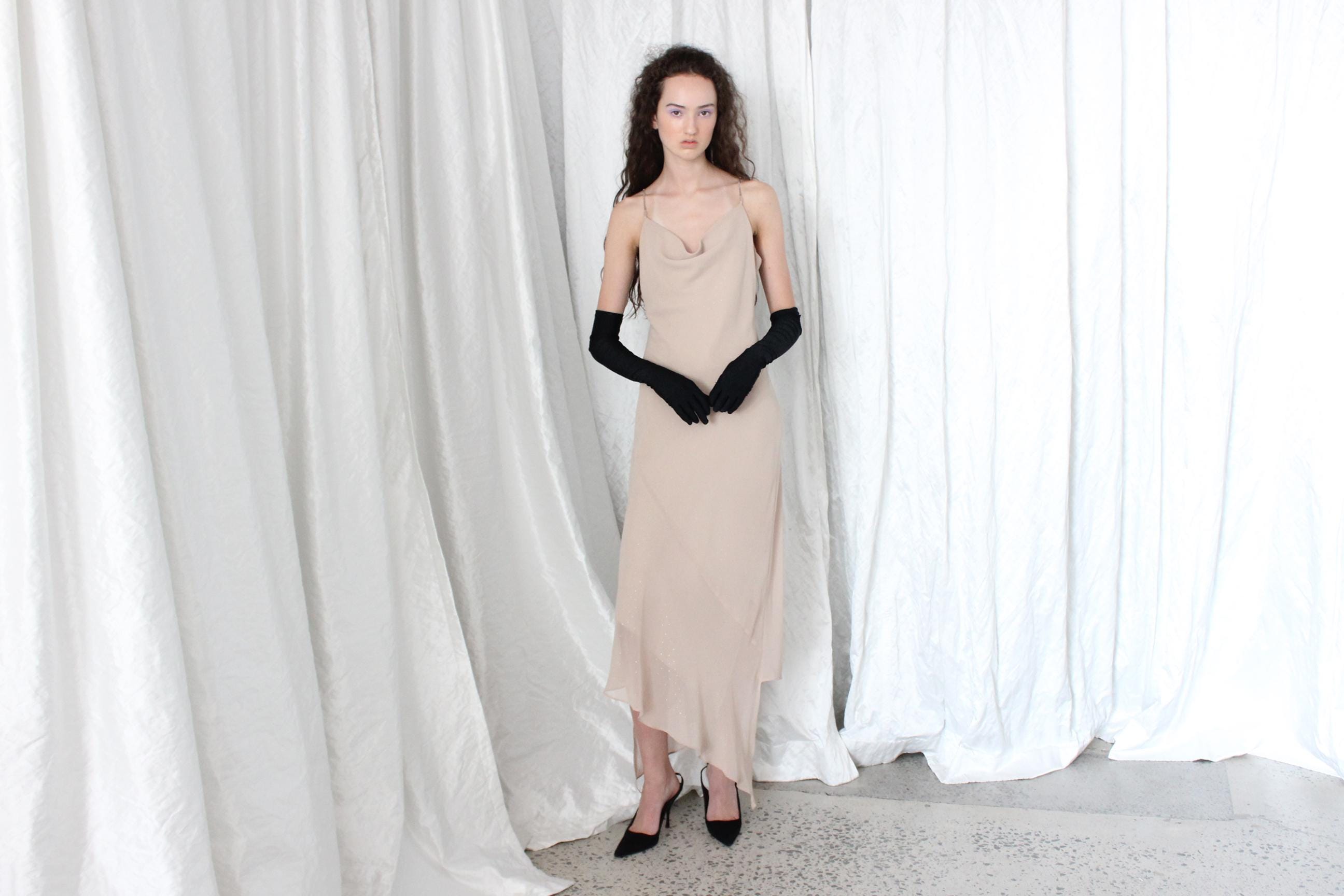 Sexy Y2K Bias Cut Asymmetric Tan Spaghetti Strap Slip
