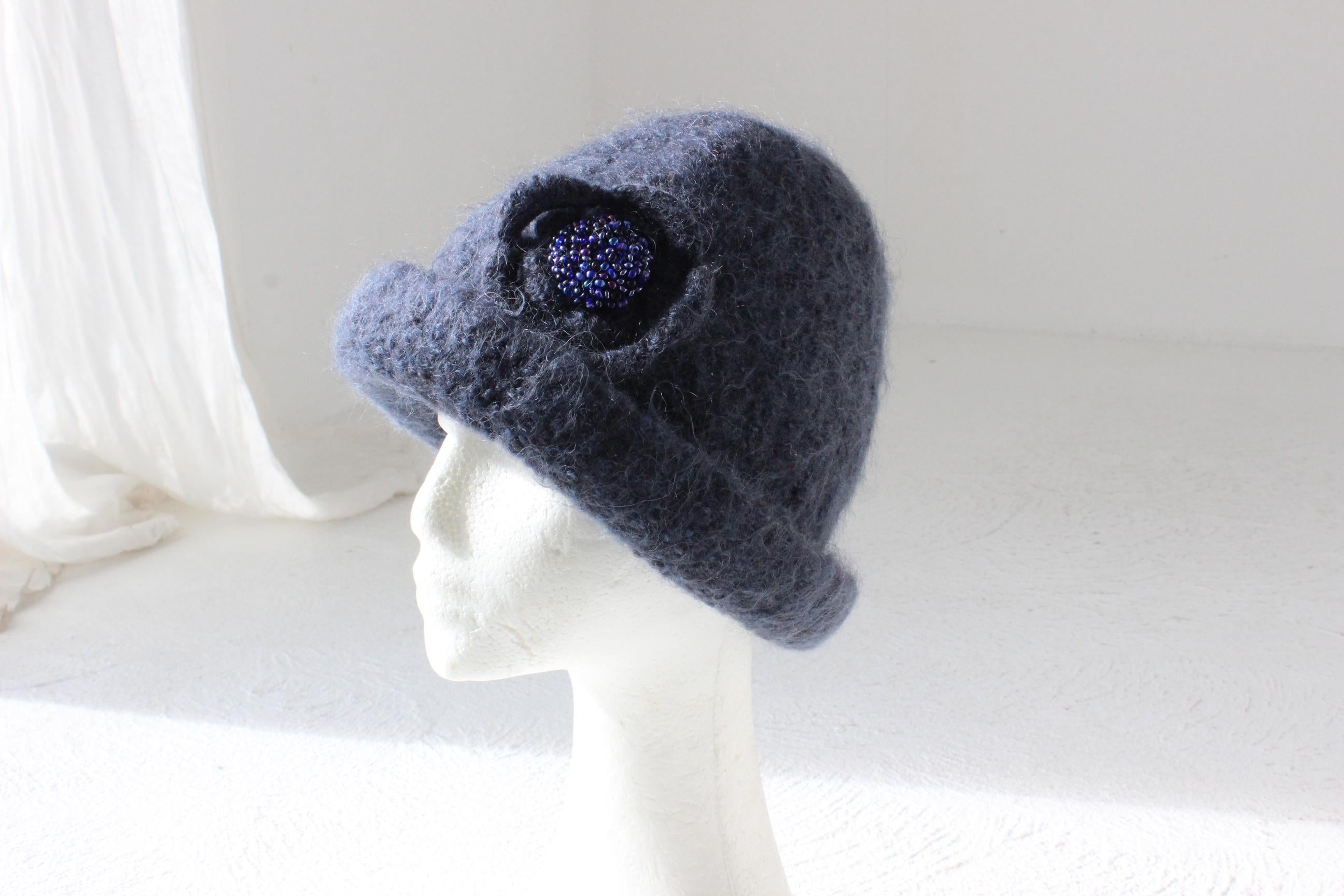 90s Mohair Felt Knit Hat w/ Beaded Flower