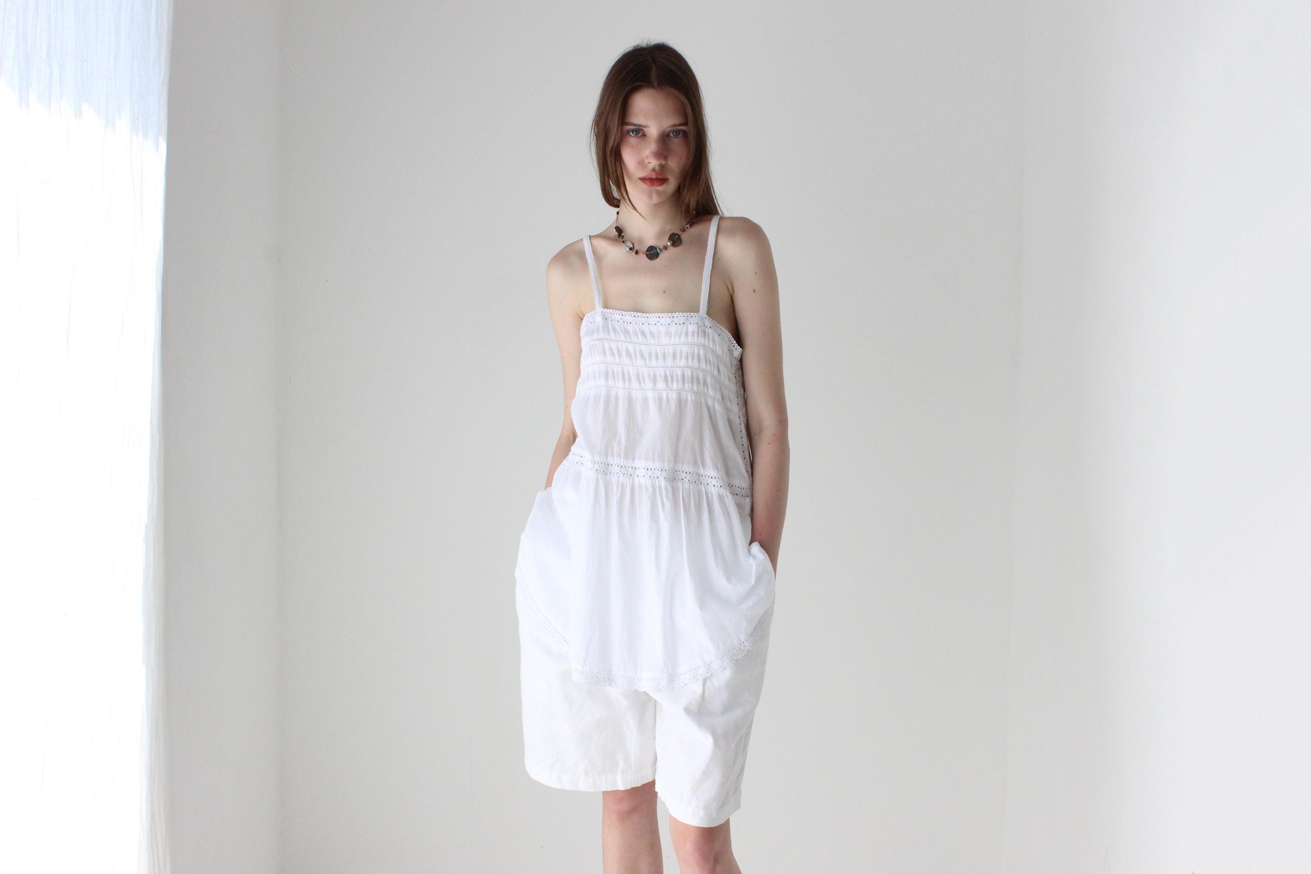 90s White Folk Gauze Summer Smock Top