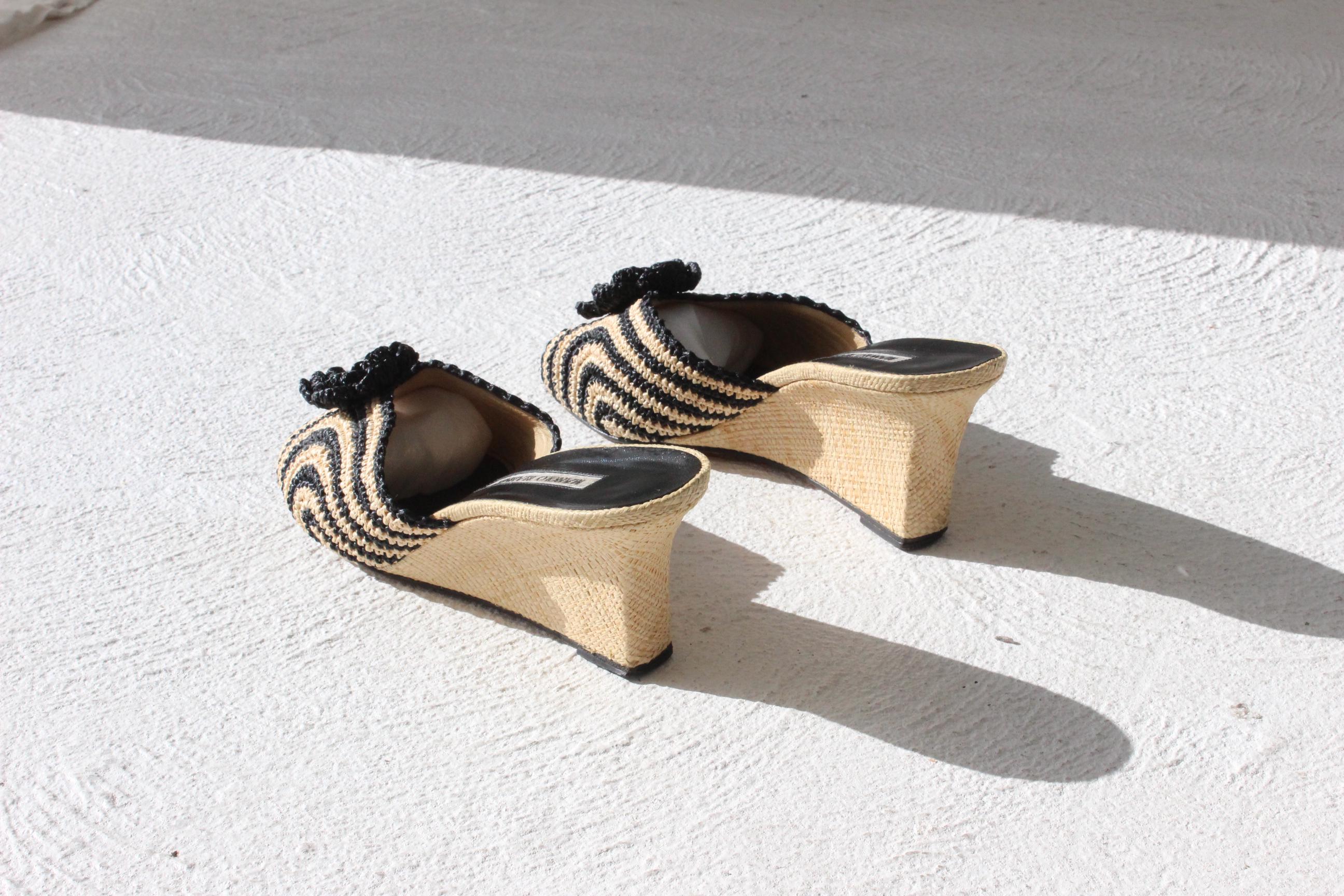 Vintage Manolo Blahnik Striped Raffia Wedges w/ 3D Flower ~ Euro 38