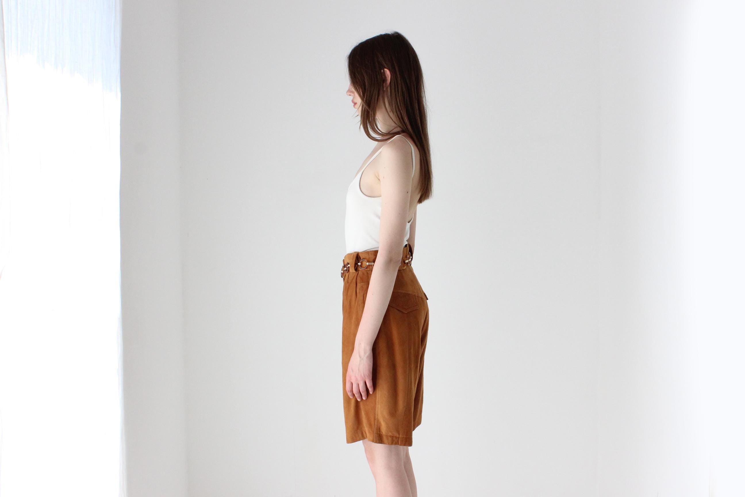 80s Caramel Suede Leather Knee Length Shorts