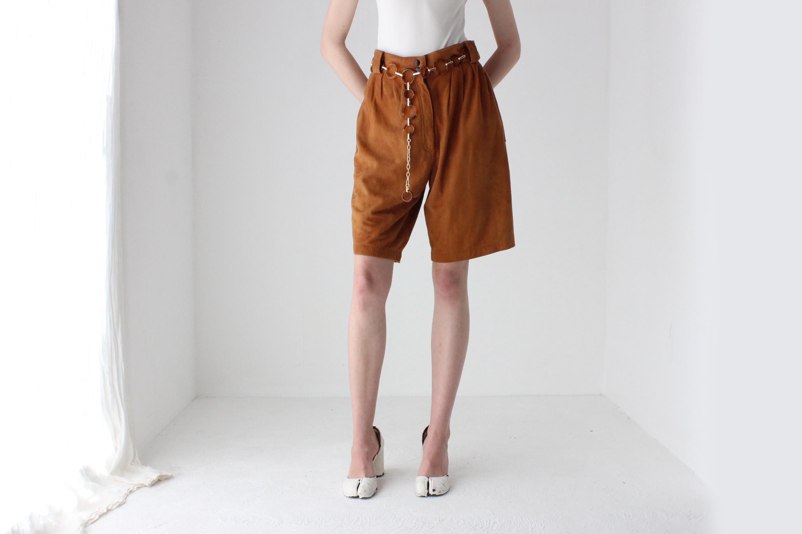 80s Caramel Suede Leather Knee Length Shorts
