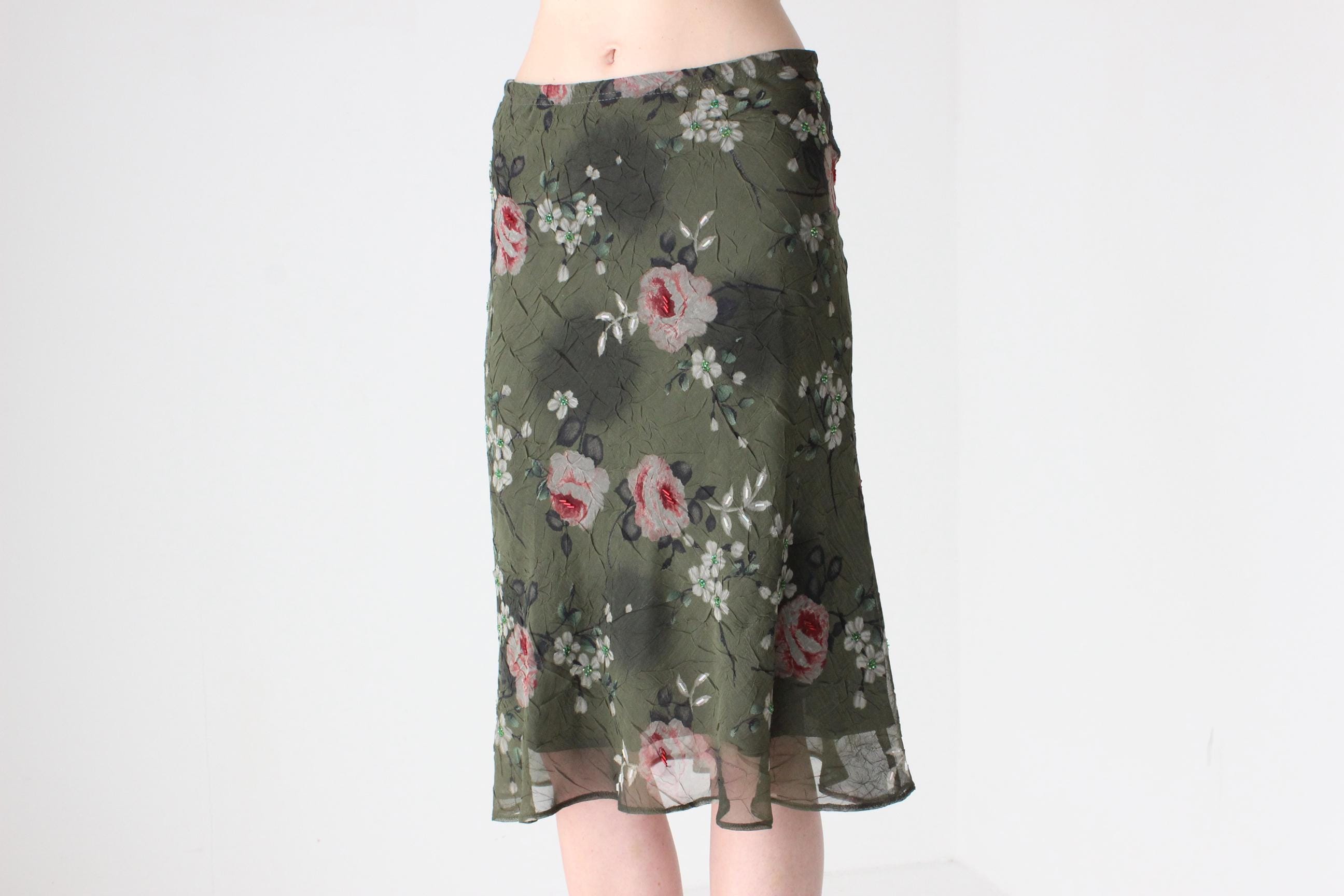 90s Arty Rose Print Knee Length Skirt by 'Miss Cool'