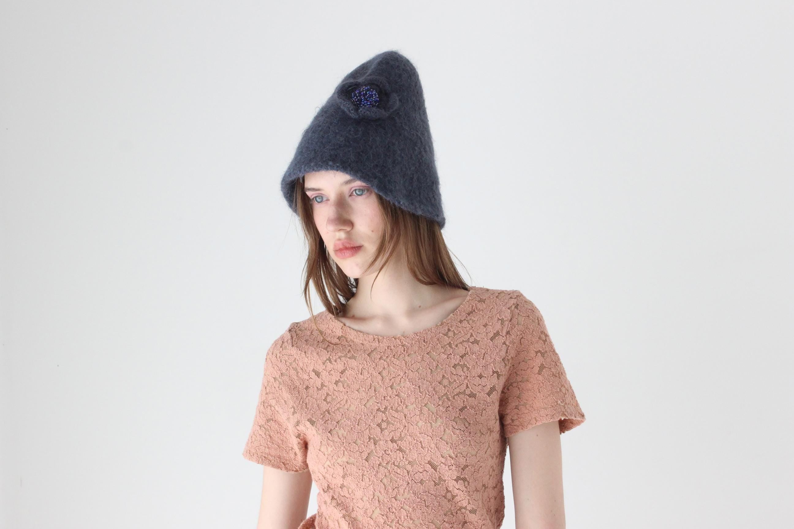 90s Mohair Felt Knit Hat w/ Beaded Flower
