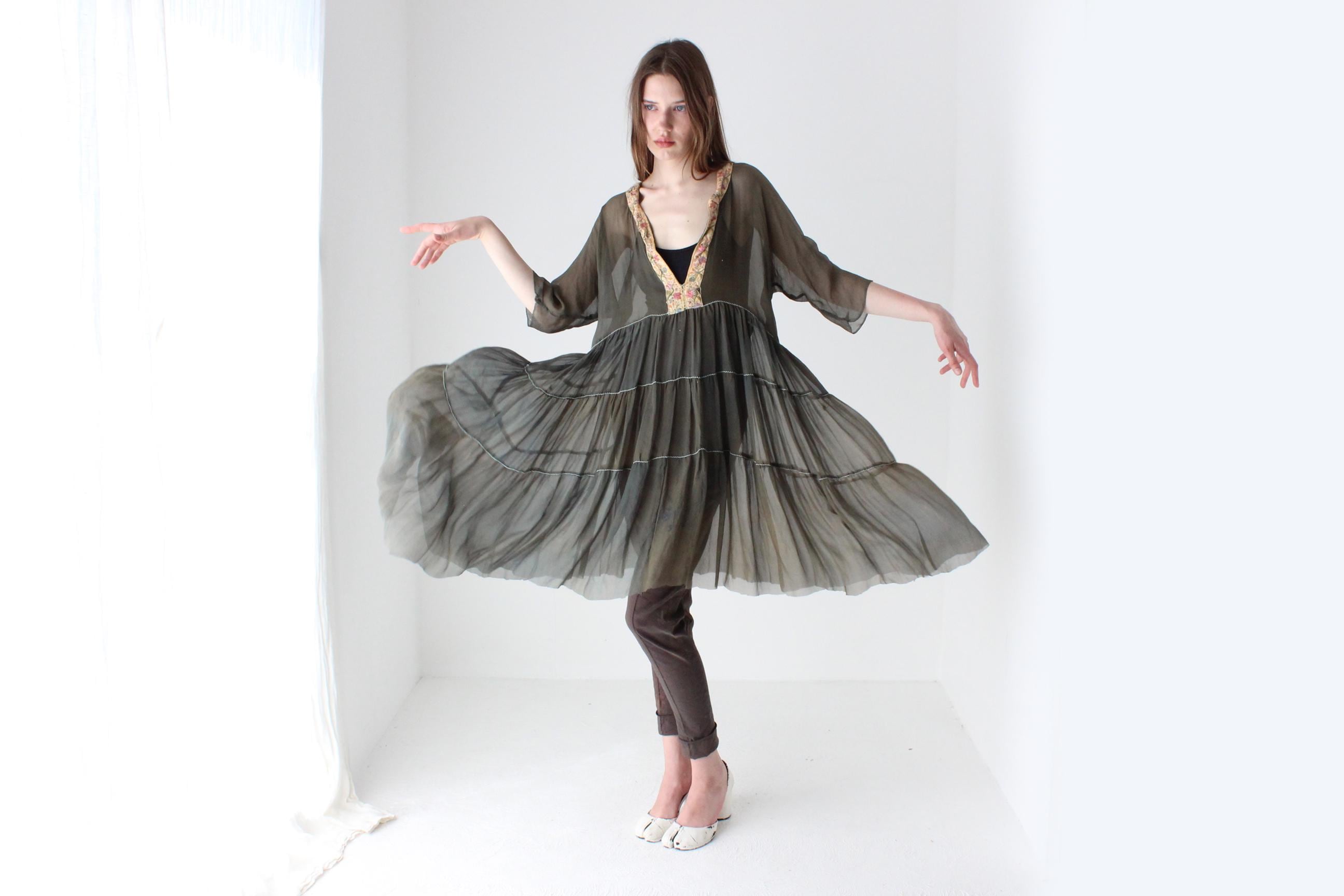 Antique Silk Delicate Sheer Ruffle Dress