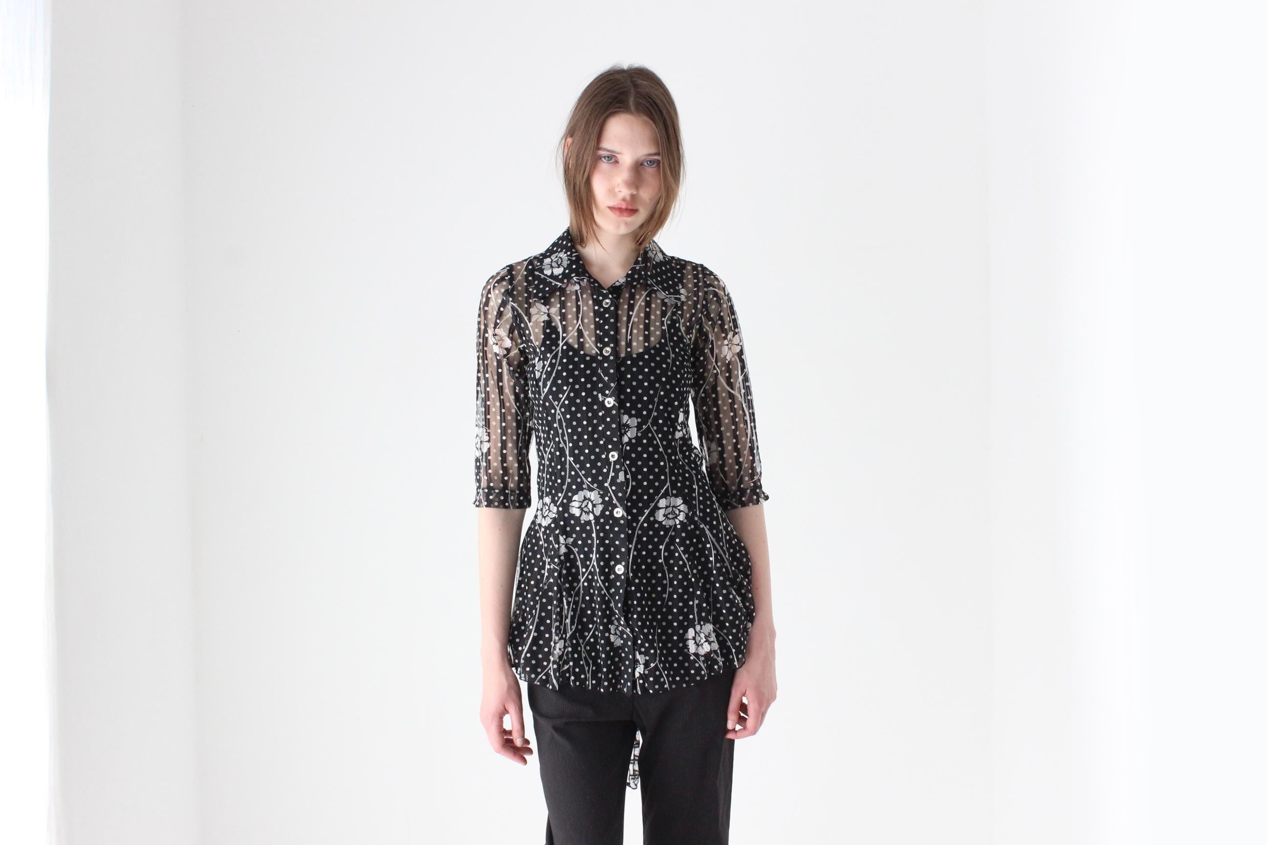 Y2K Arty, Abstract Sheer Printed Mesh Button Up