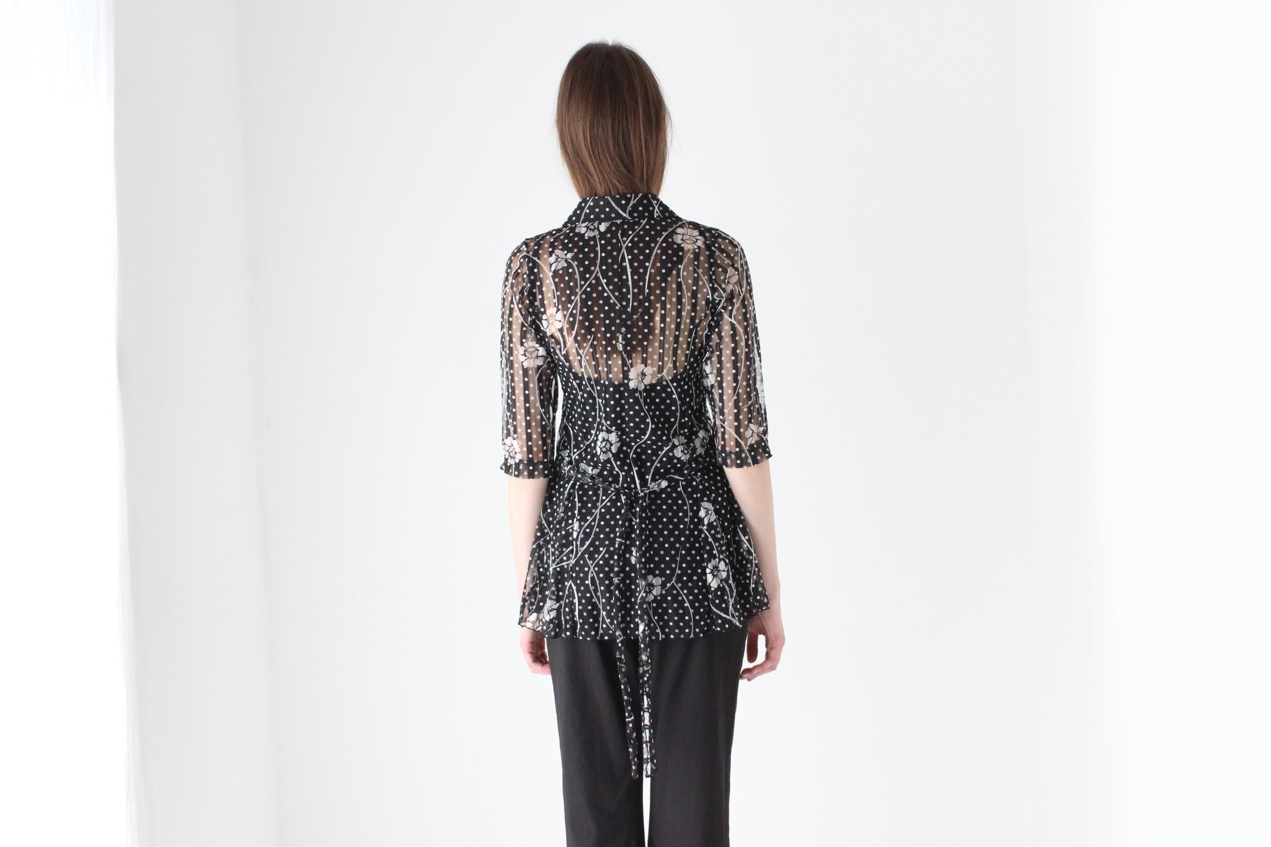 Y2K Arty, Abstract Sheer Printed Mesh Button Up