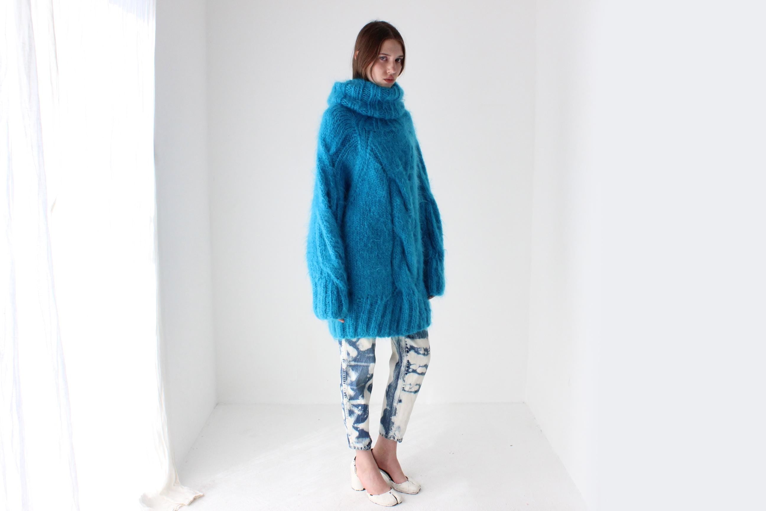 Aqua Hand Knit Wool & Mohair Cable Knit Sweater