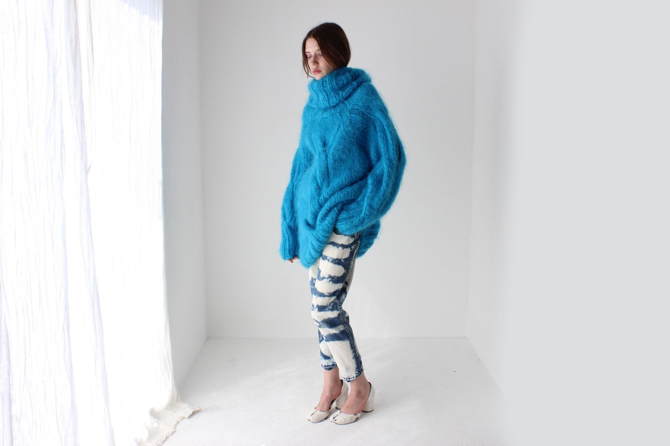 Aqua Hand Knit Wool & Mohair Cable Knit Sweater