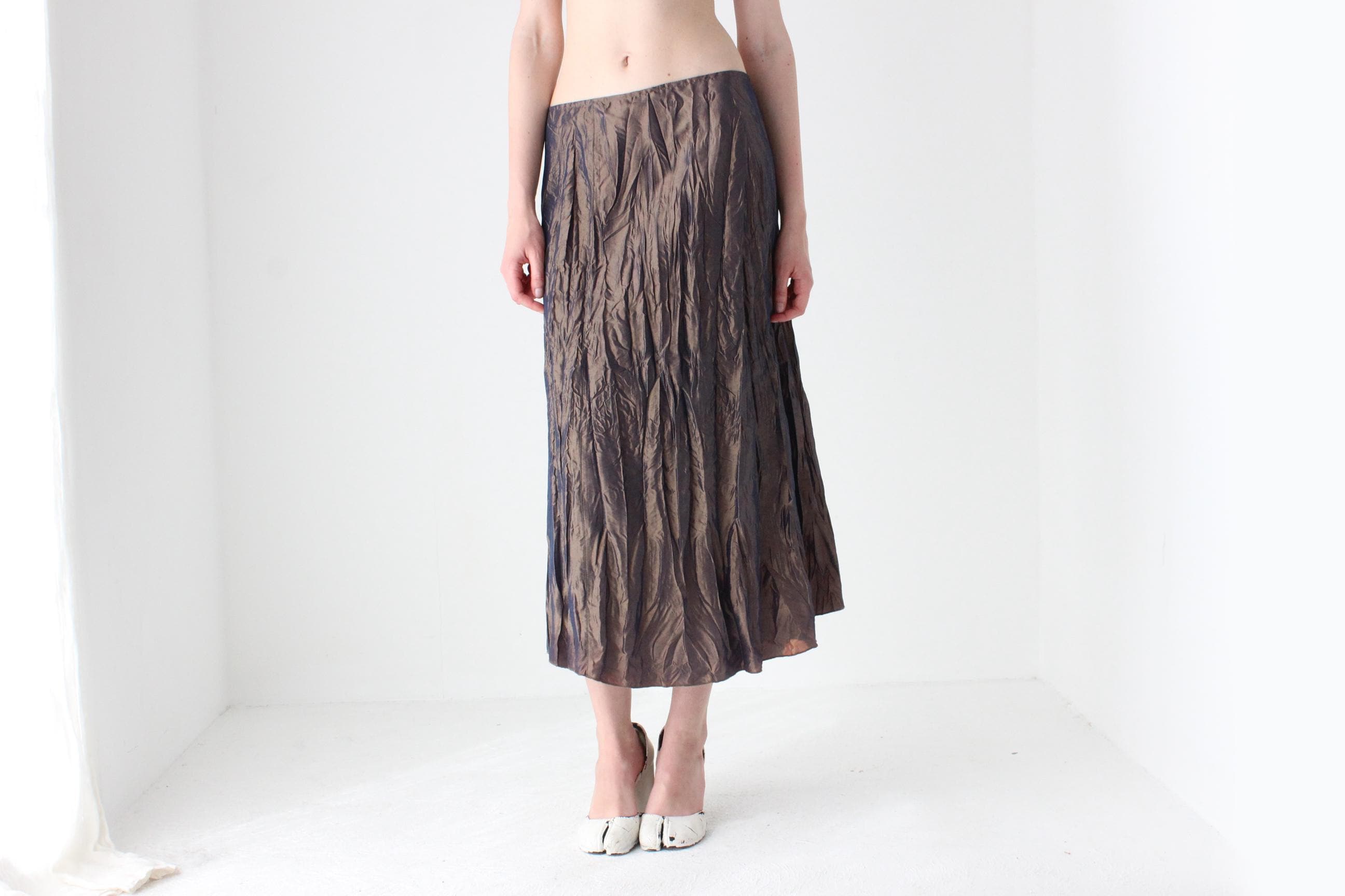 Y2K French Designer Metallic Crinkle Midi Skirt