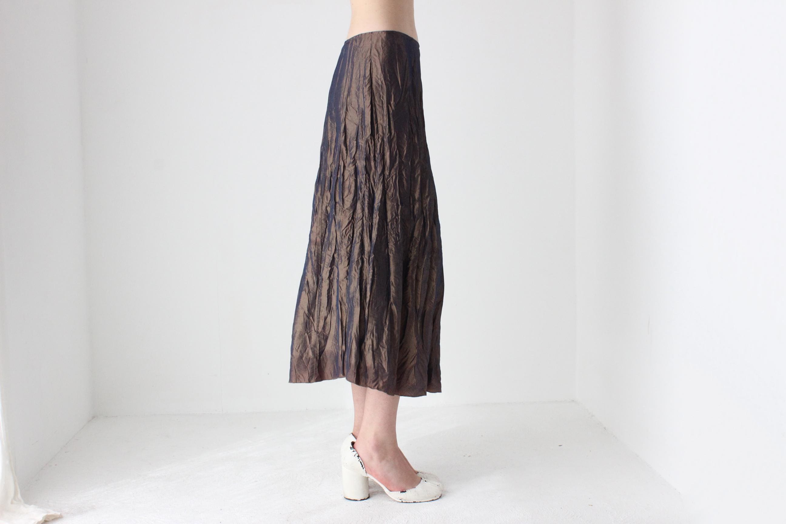 Y2K French Designer Metallic Crinkle Midi Skirt
