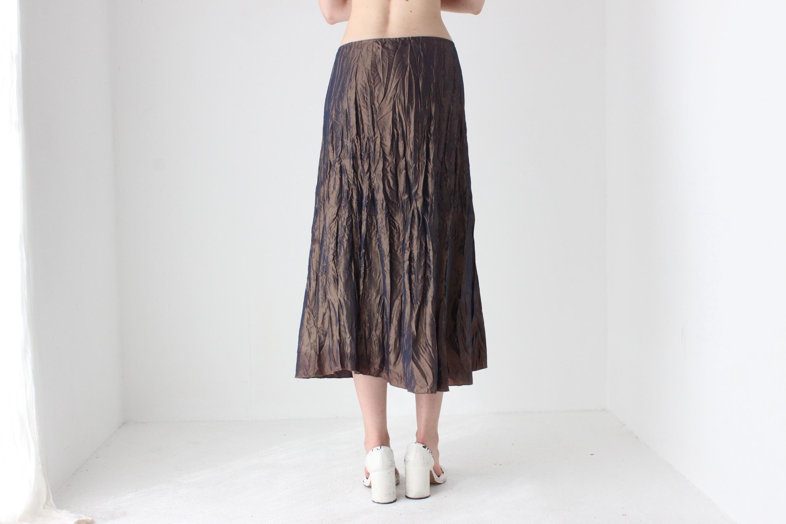 Y2K French Designer Metallic Crinkle Midi Skirt