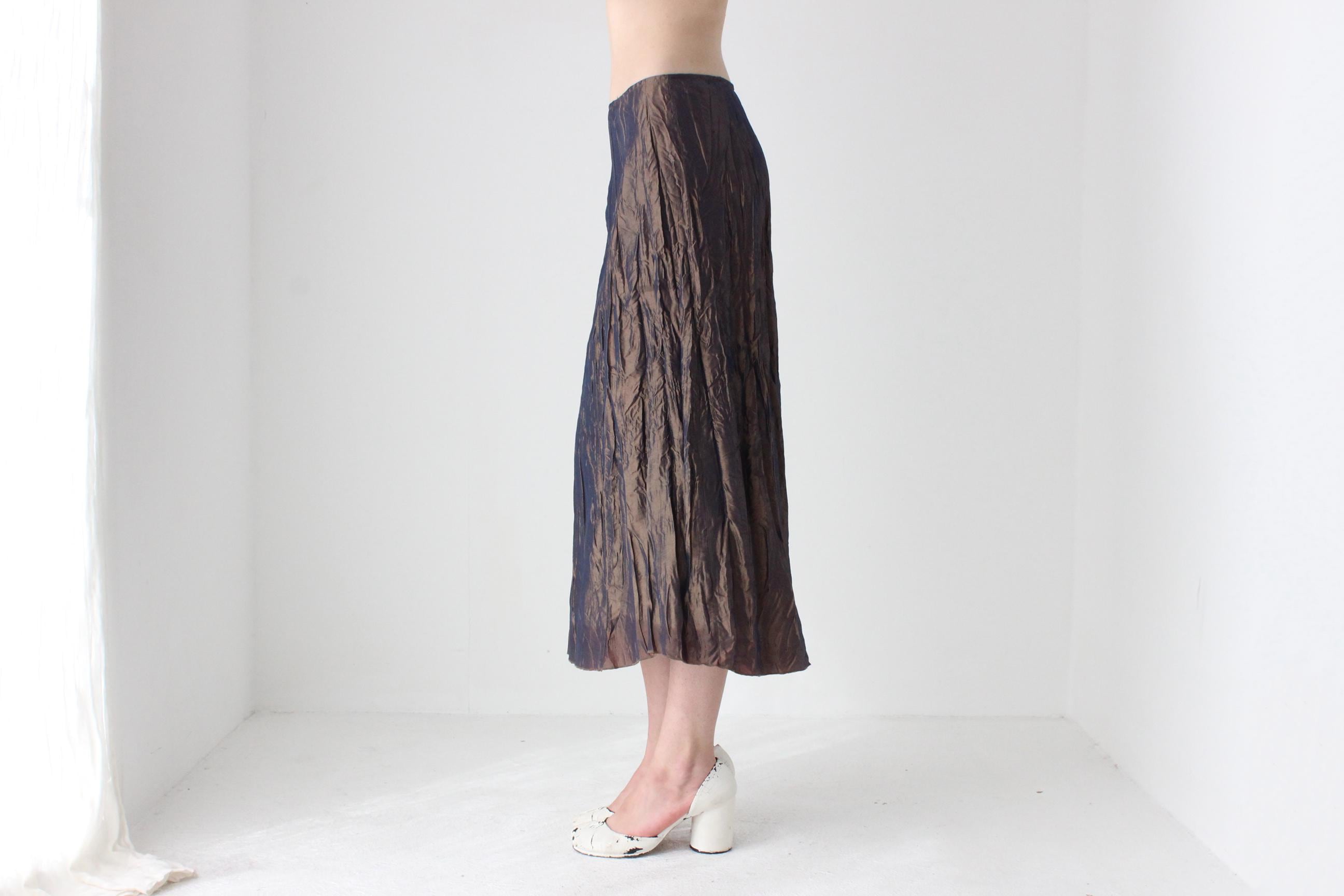 Y2K French Designer Metallic Crinkle Midi Skirt
