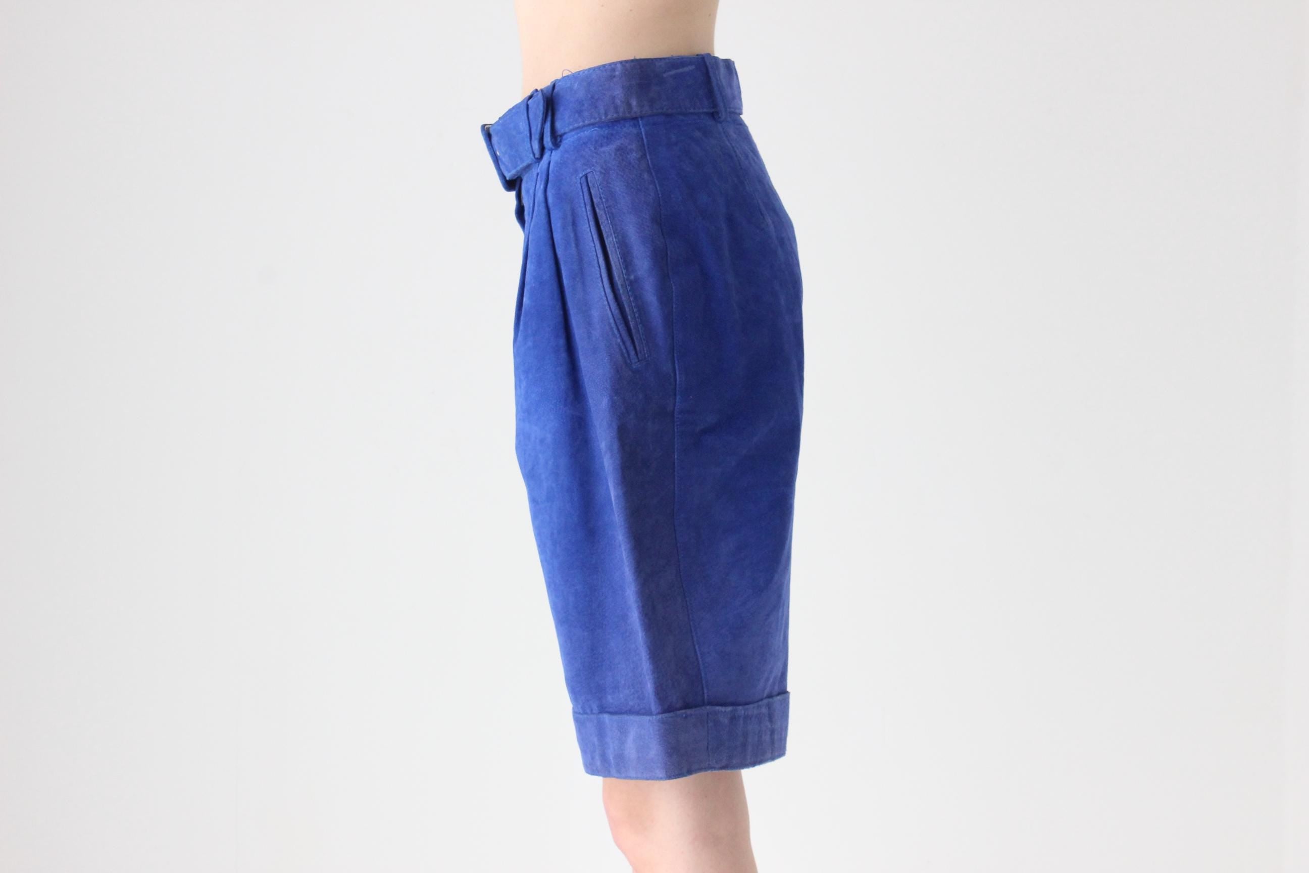 80s Cobalt Suede Knee Length Shorts w/ Belt