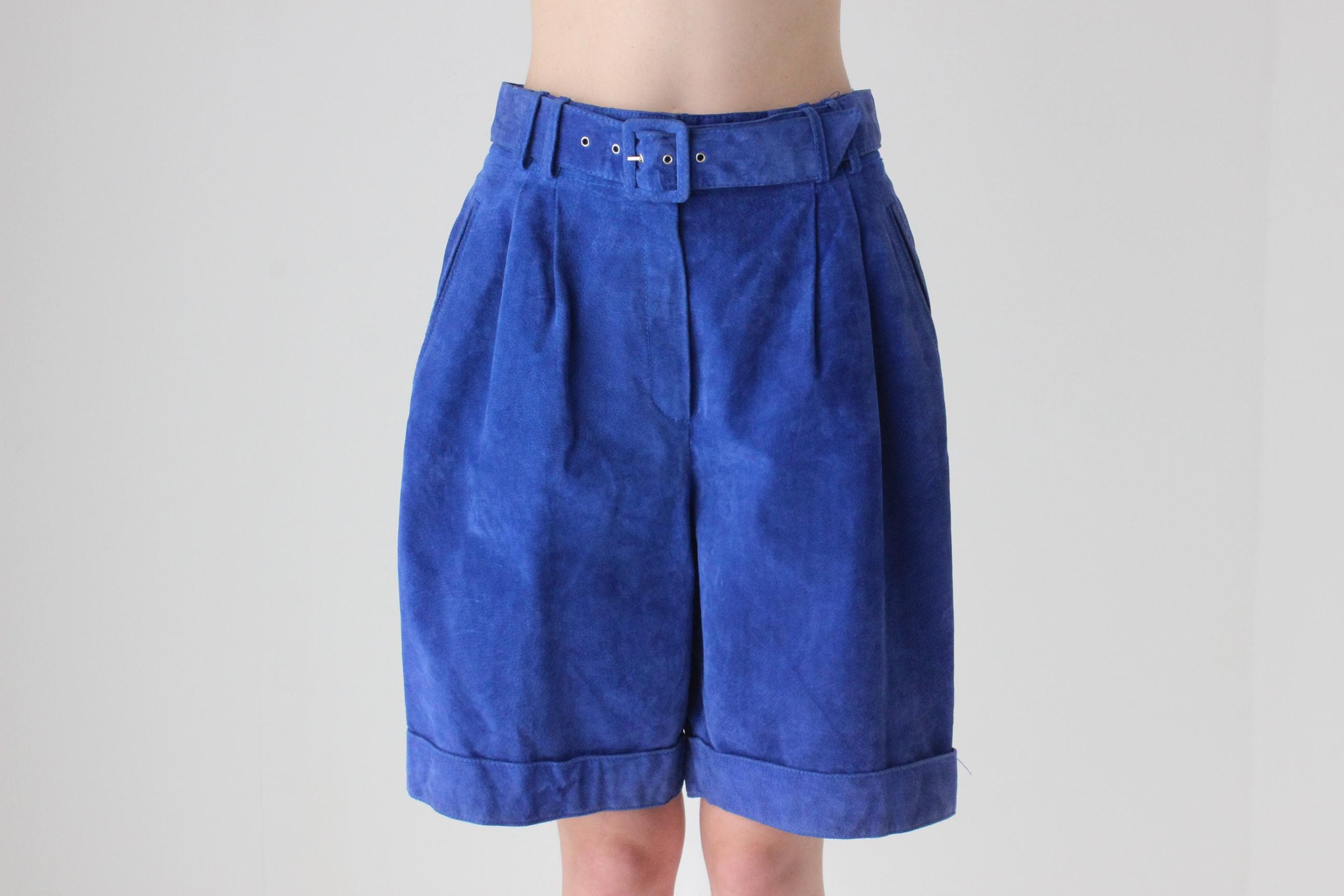 80s Cobalt Suede Knee Length Shorts w/ Belt