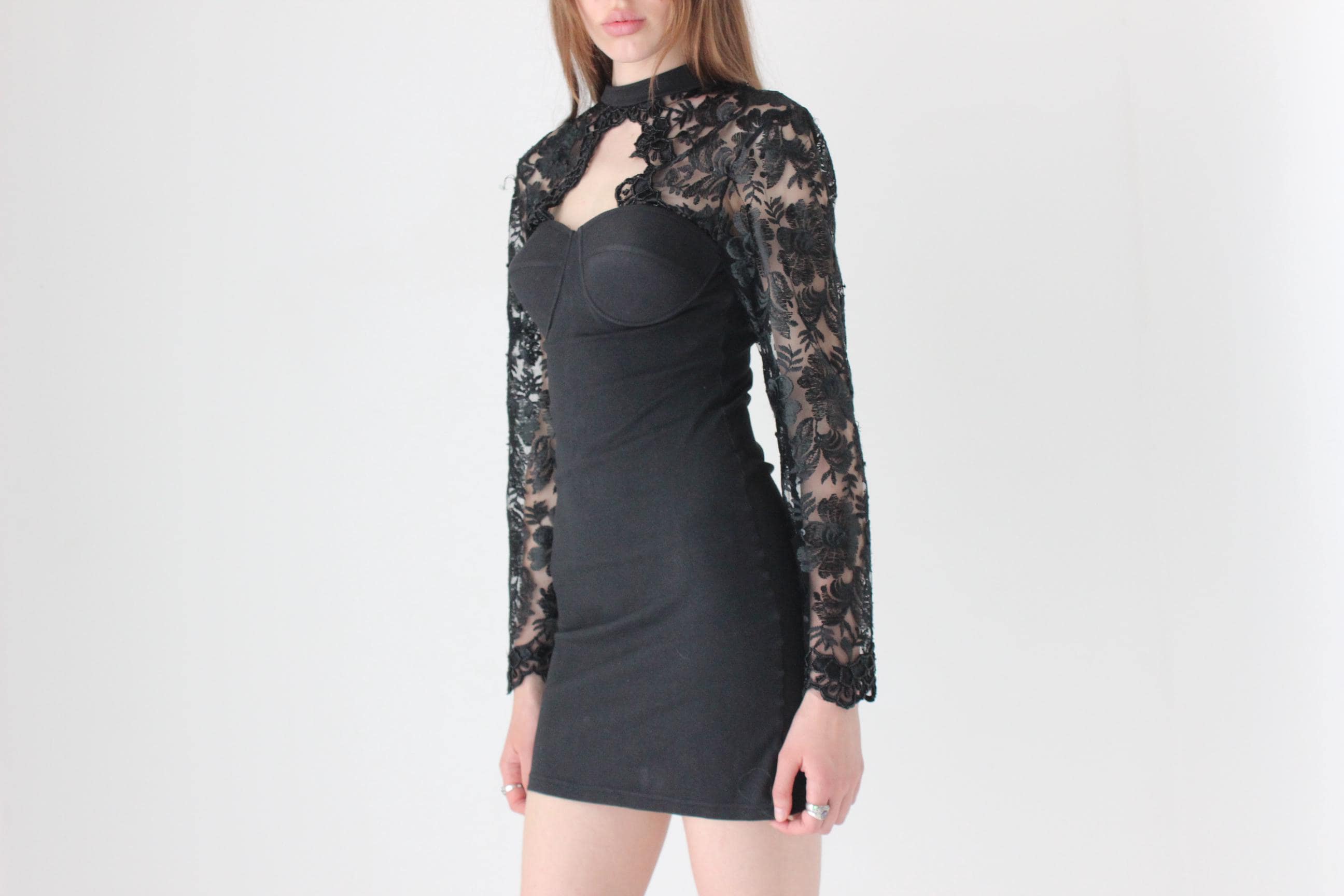 80s Vixen Stretch Cotton Lace Sleeve Mini
