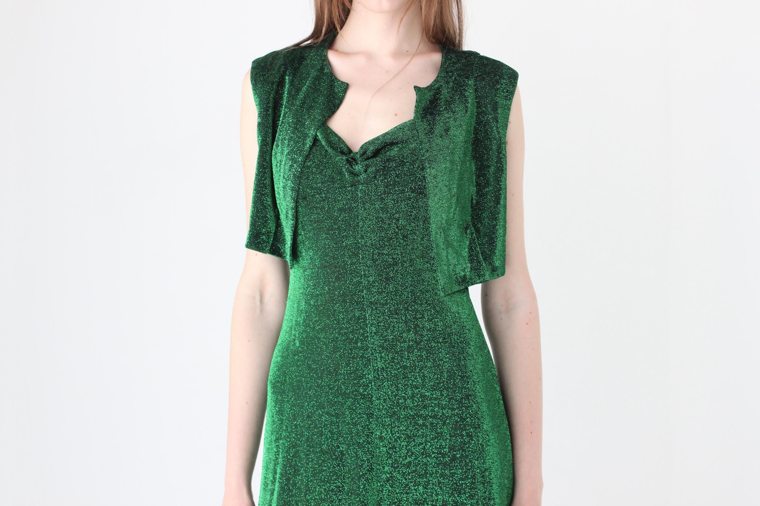 70s Moss Green Metallic Lurex Disco Gown w/ Matching Bolero