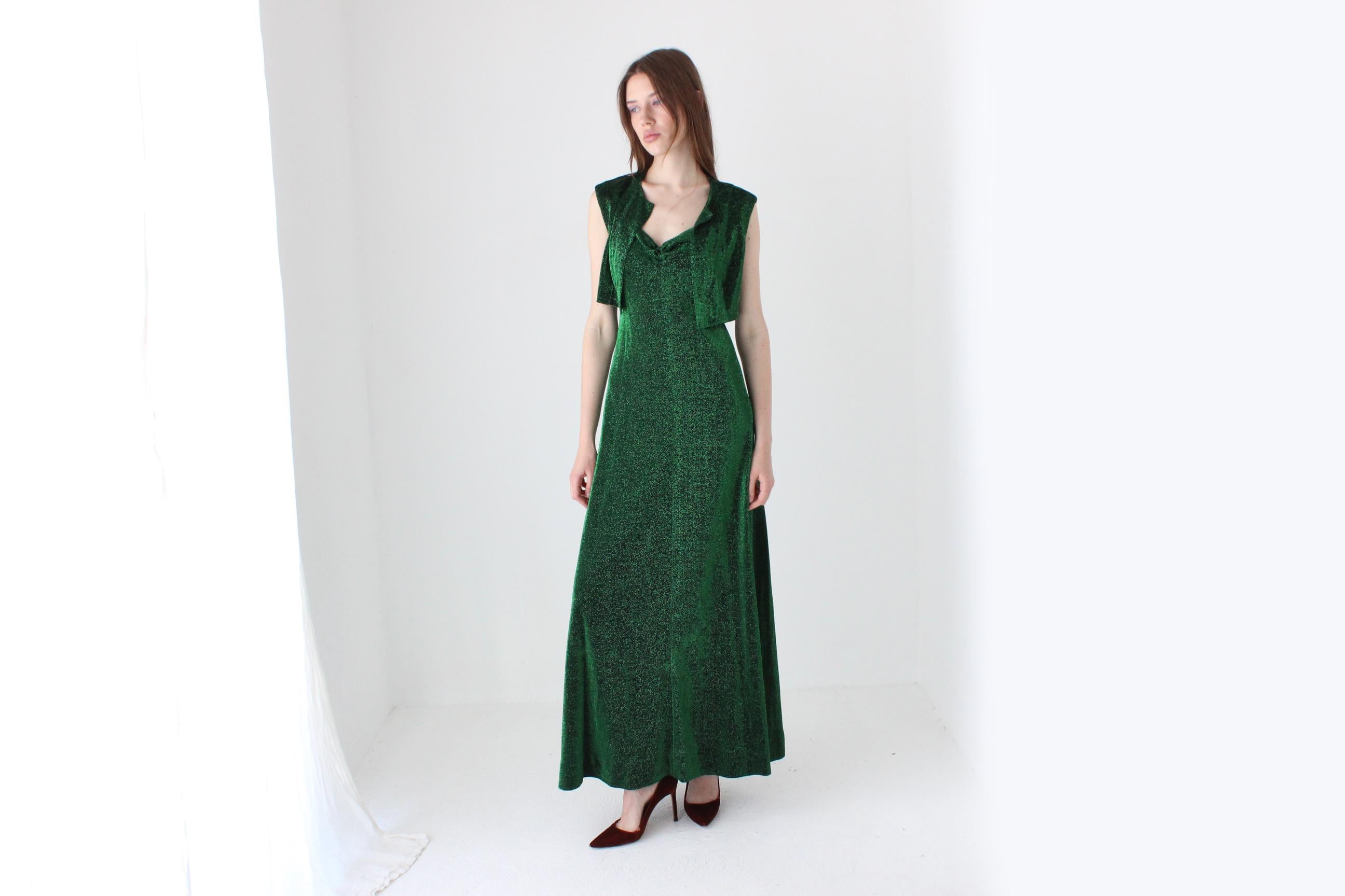 70s Moss Green Metallic Lurex Disco Gown w/ Matching Bolero
