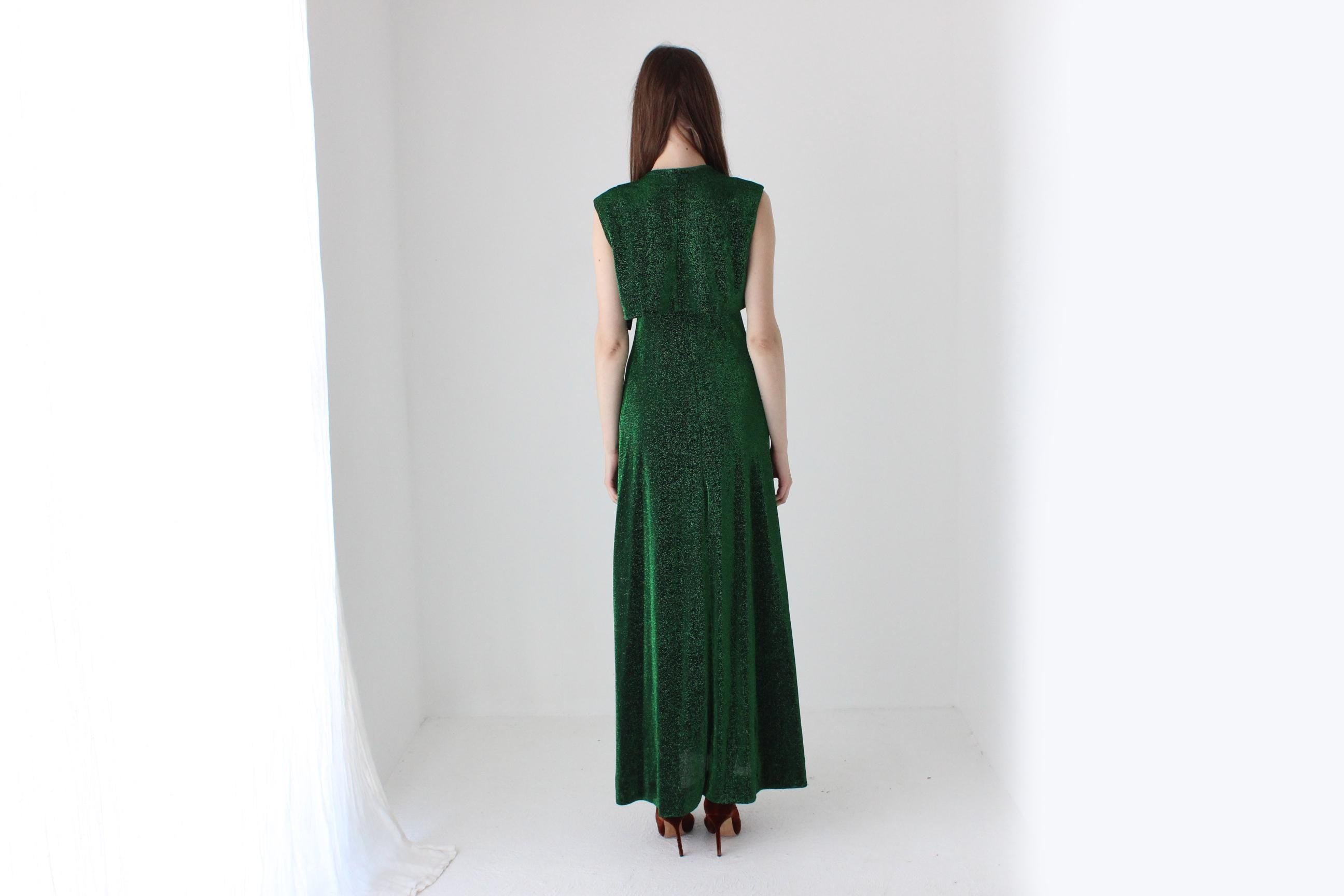 70s Moss Green Metallic Lurex Disco Gown w/ Matching Bolero
