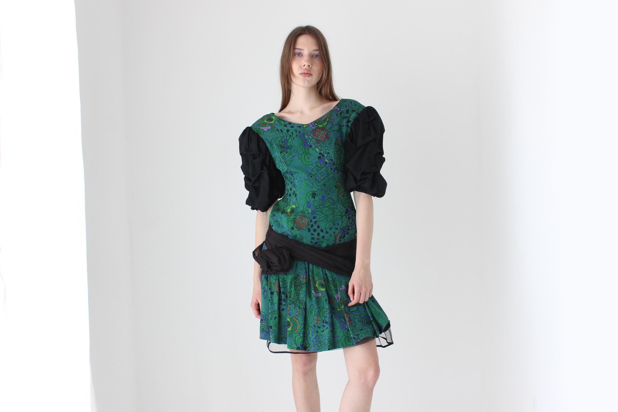 80s Puff Sleeve & Tulle Cocktail Dress