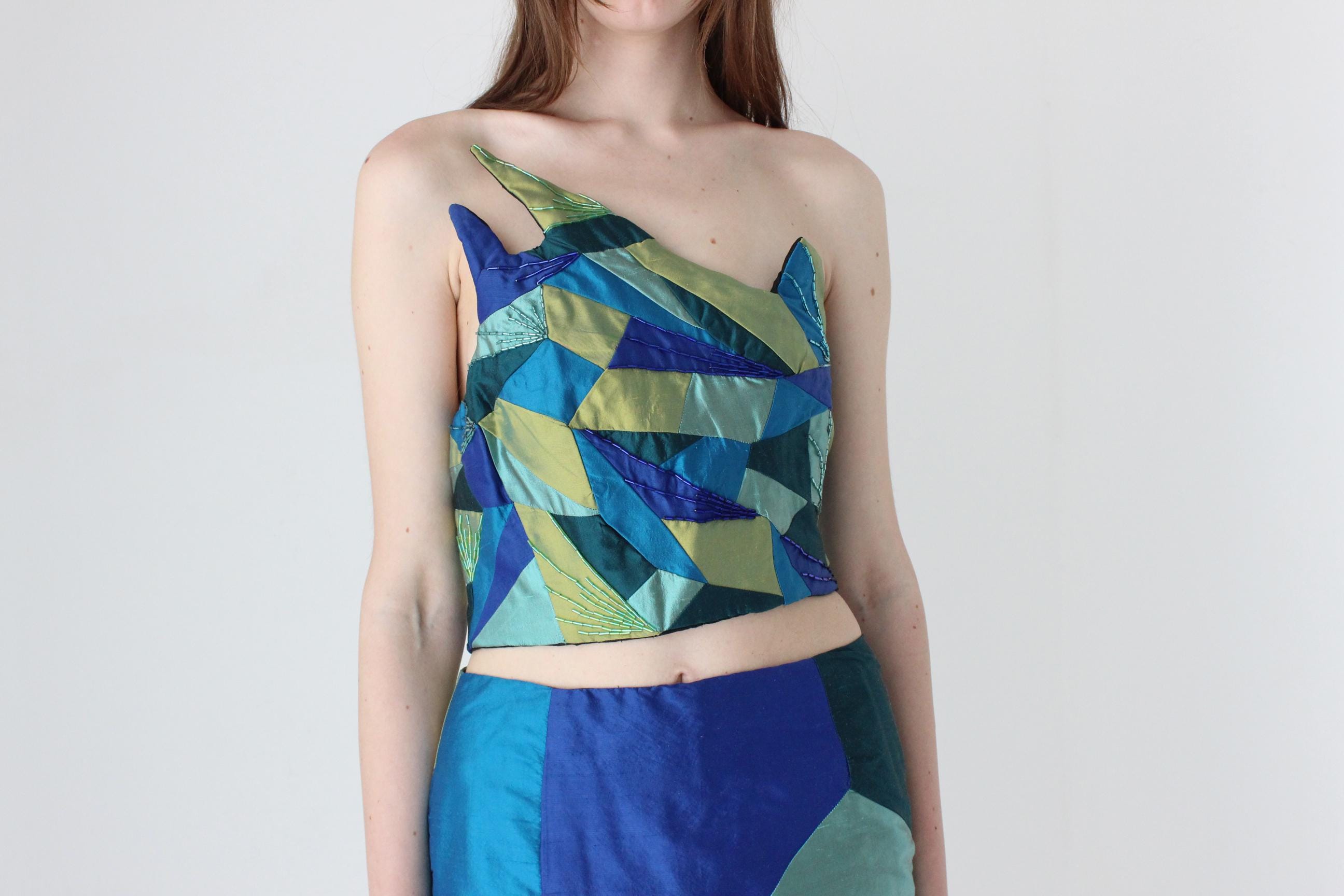90s Thai Silk Patchwork Two Piece Top & Skirt Set