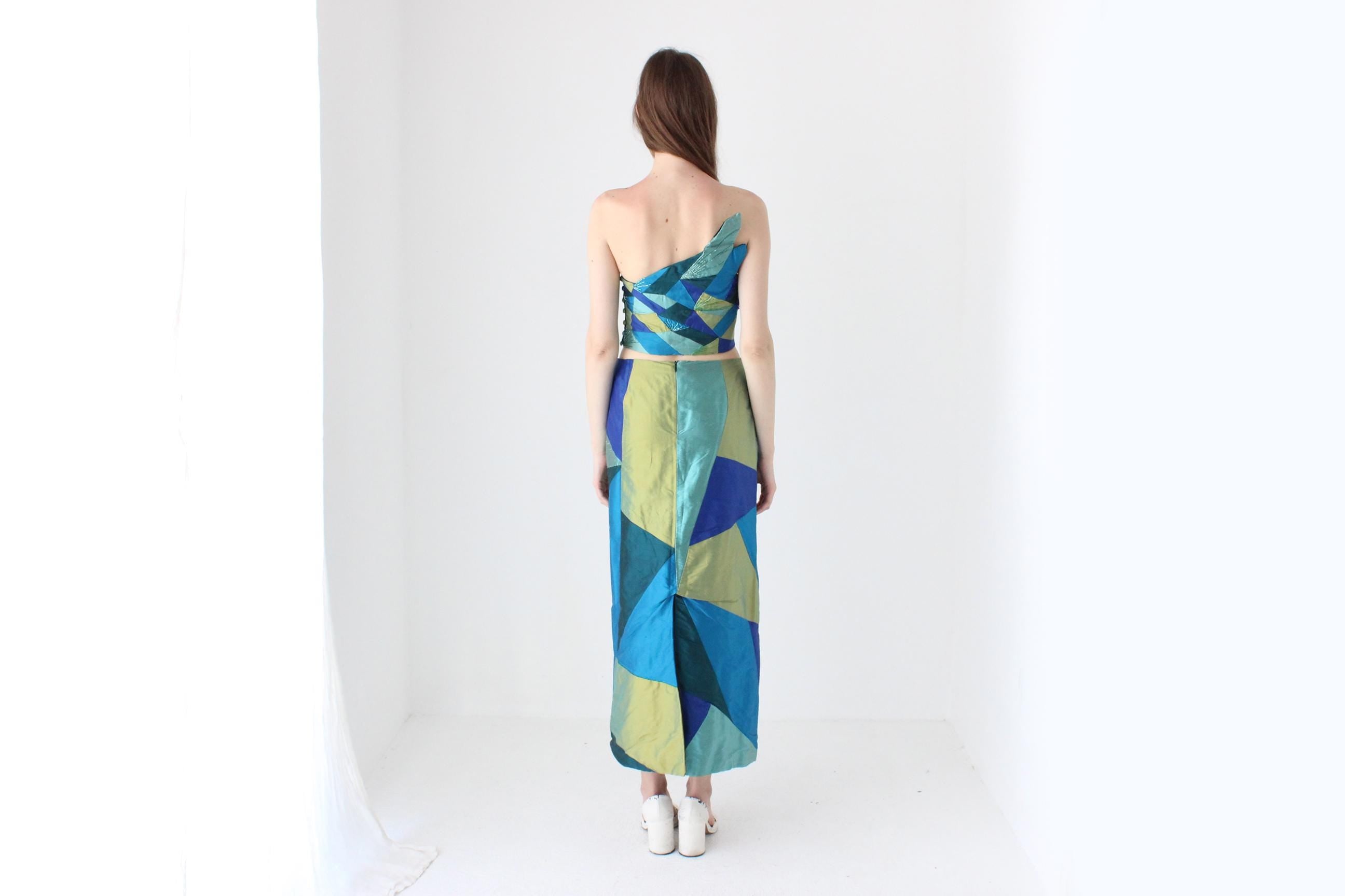 90s Thai Silk Patchwork Two Piece Top & Skirt Set