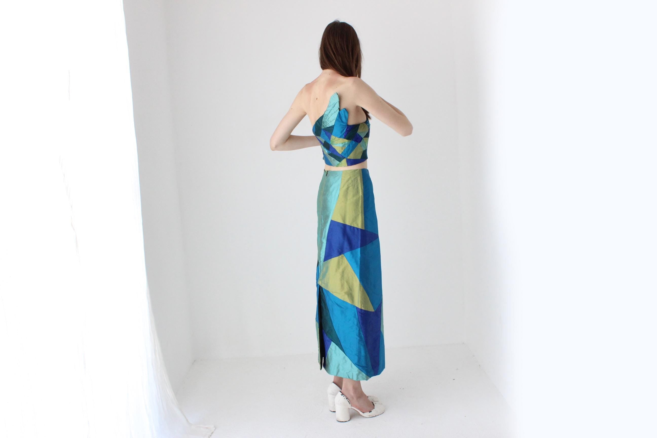 90s Thai Silk Patchwork Two Piece Top & Skirt Set