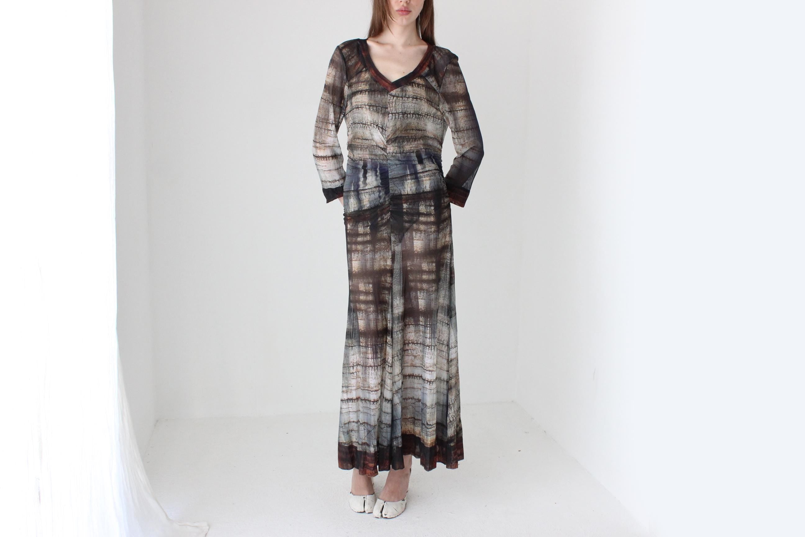 Y2K Printed Mesh Witchy Long Sleeve Maxi Dress