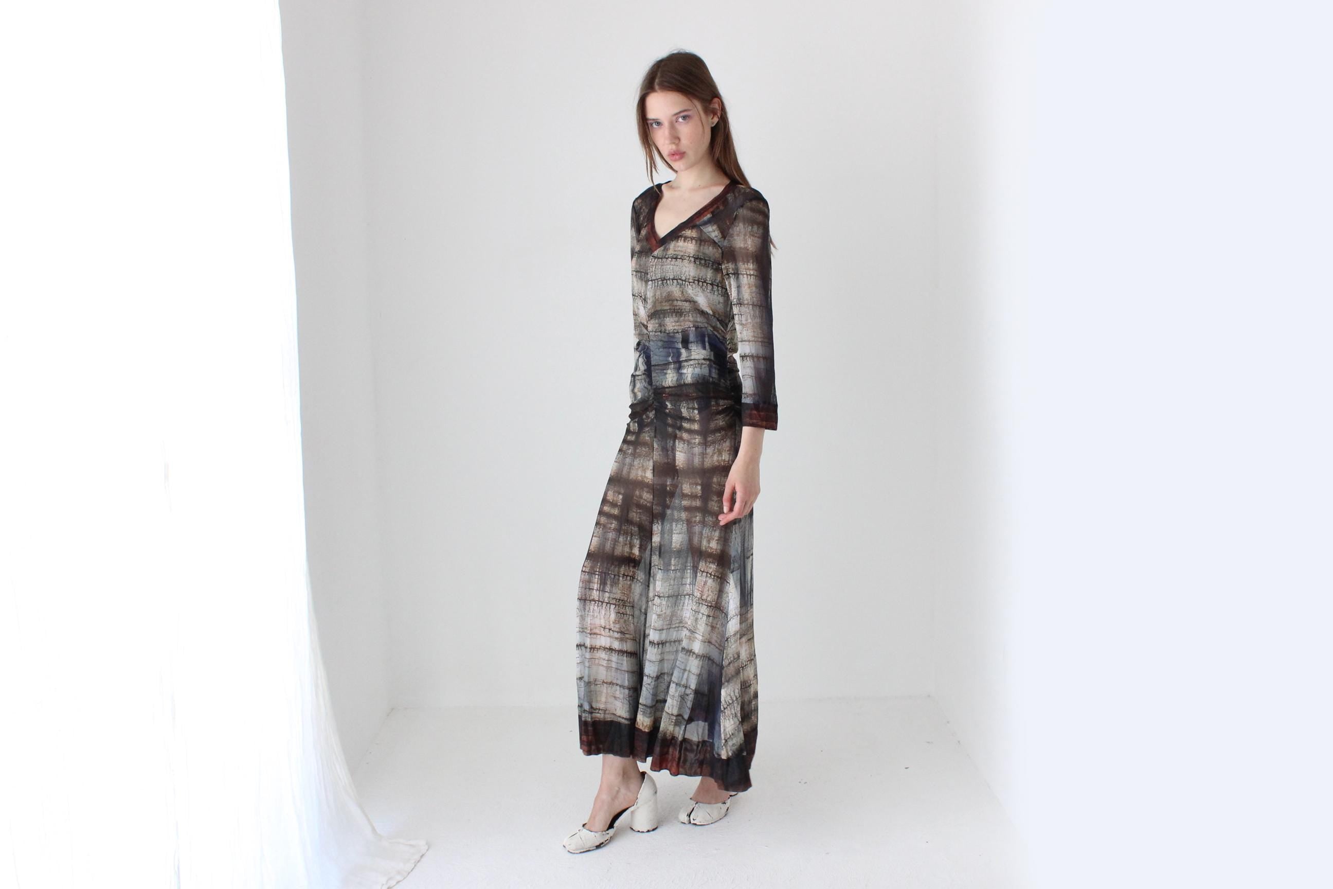 Y2K Printed Mesh Witchy Long Sleeve Maxi Dress