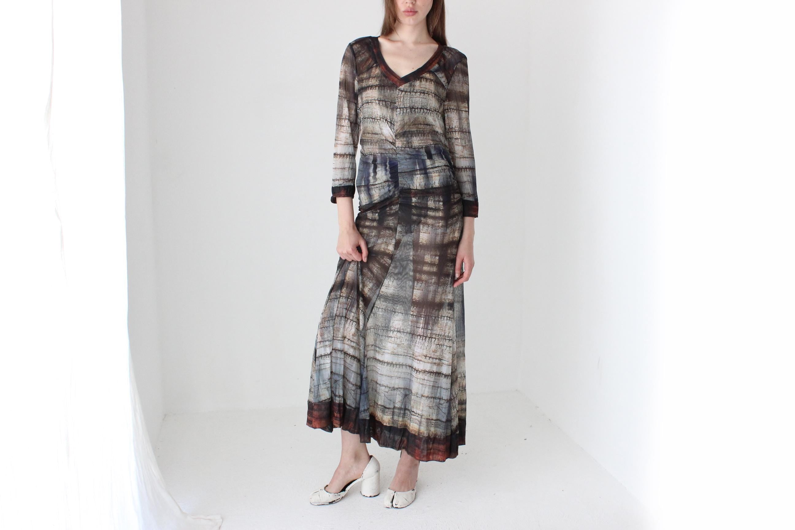 Y2K Printed Mesh Witchy Long Sleeve Maxi Dress