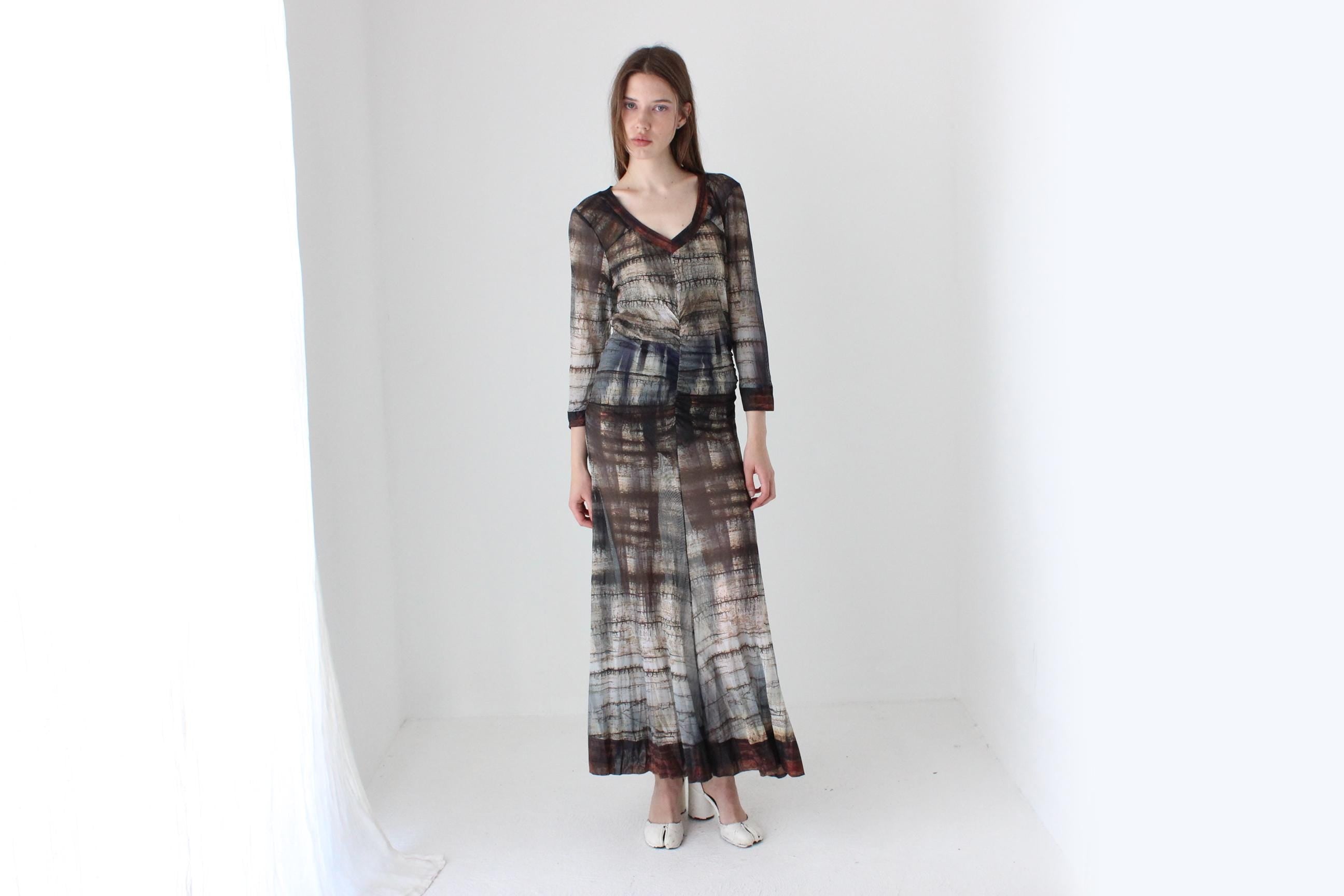 Y2K Printed Mesh Witchy Long Sleeve Maxi Dress