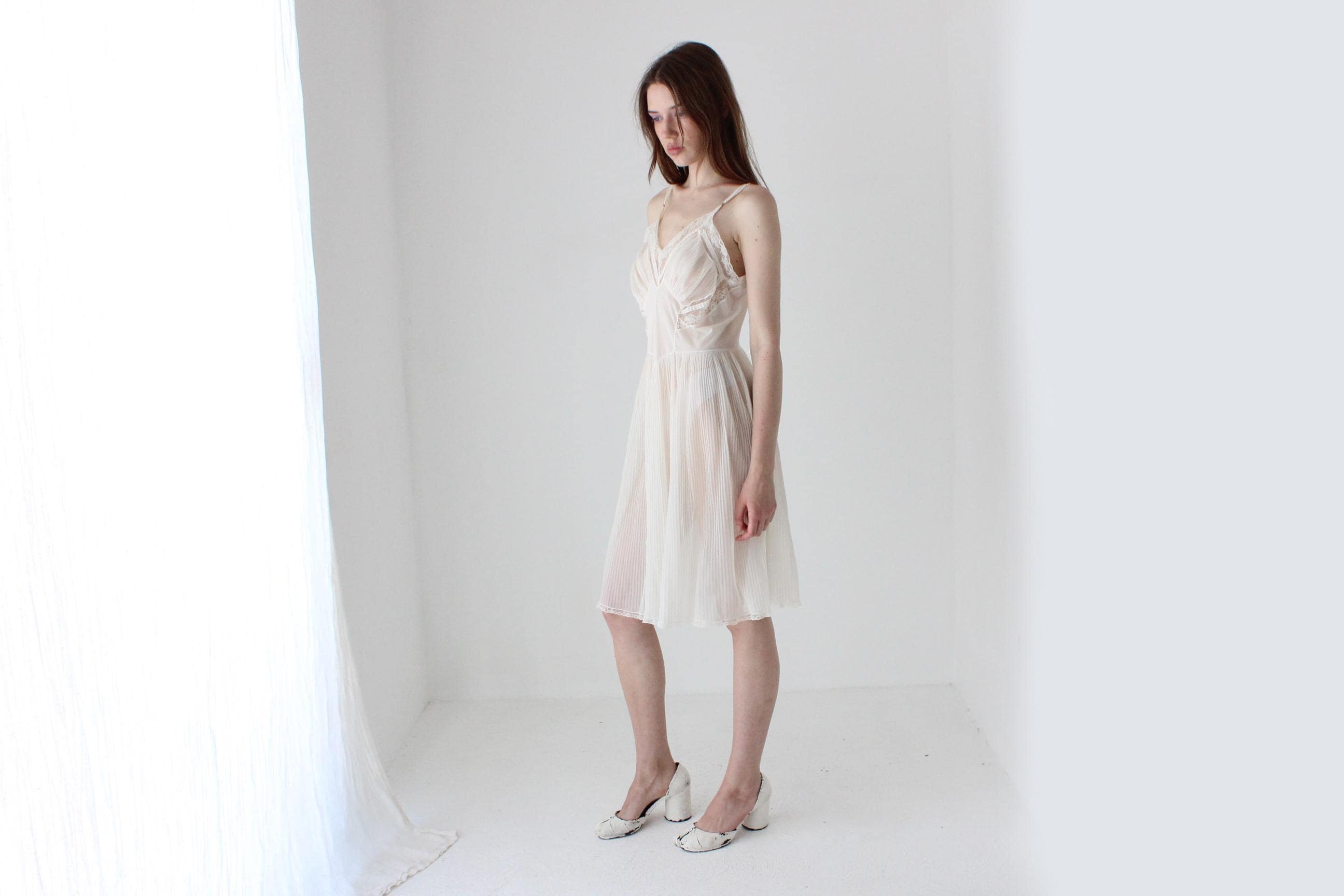 50s Lace & Plisee Nylon Negligee Slip
