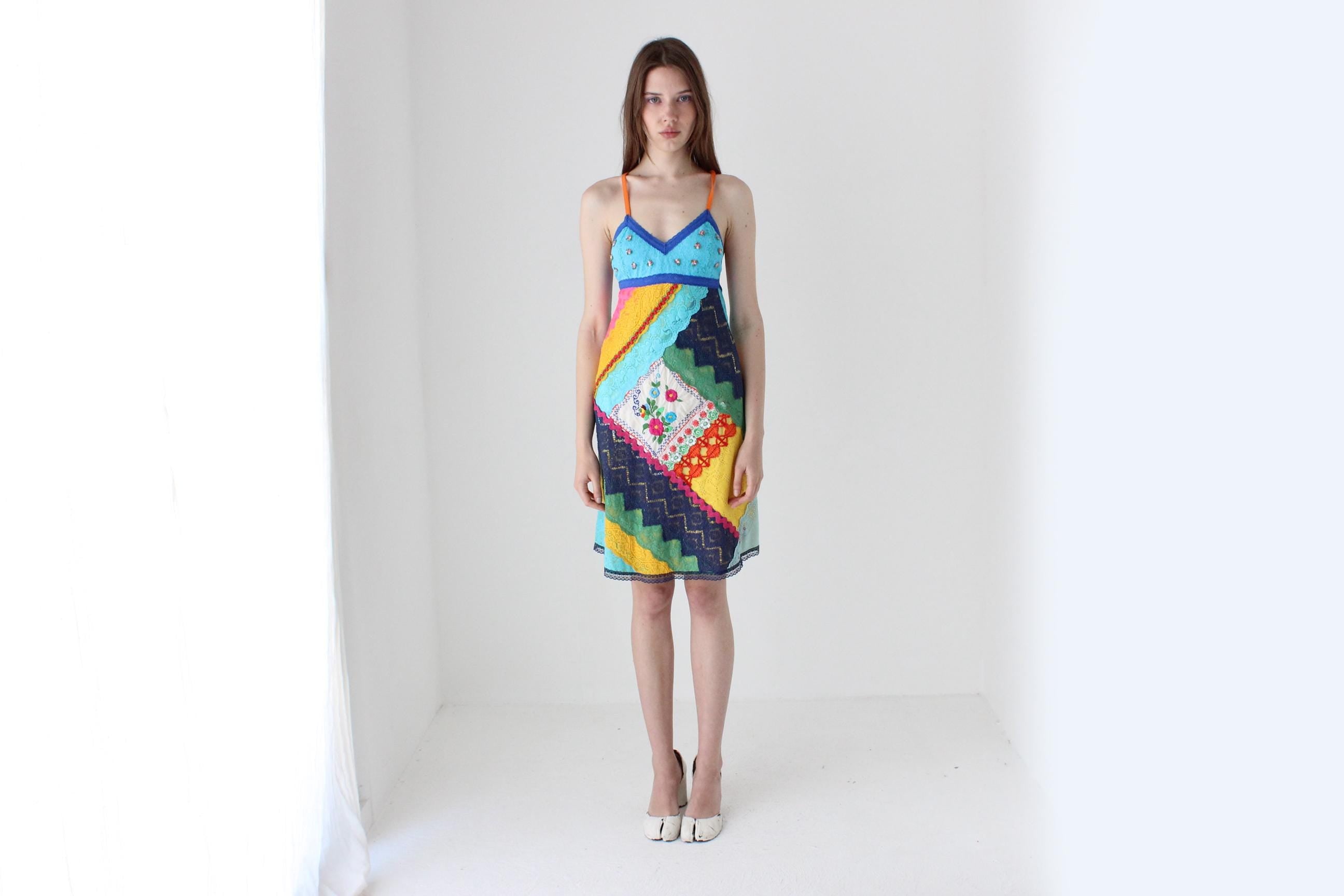 90s Bright Patchwork Lace Halter Dress