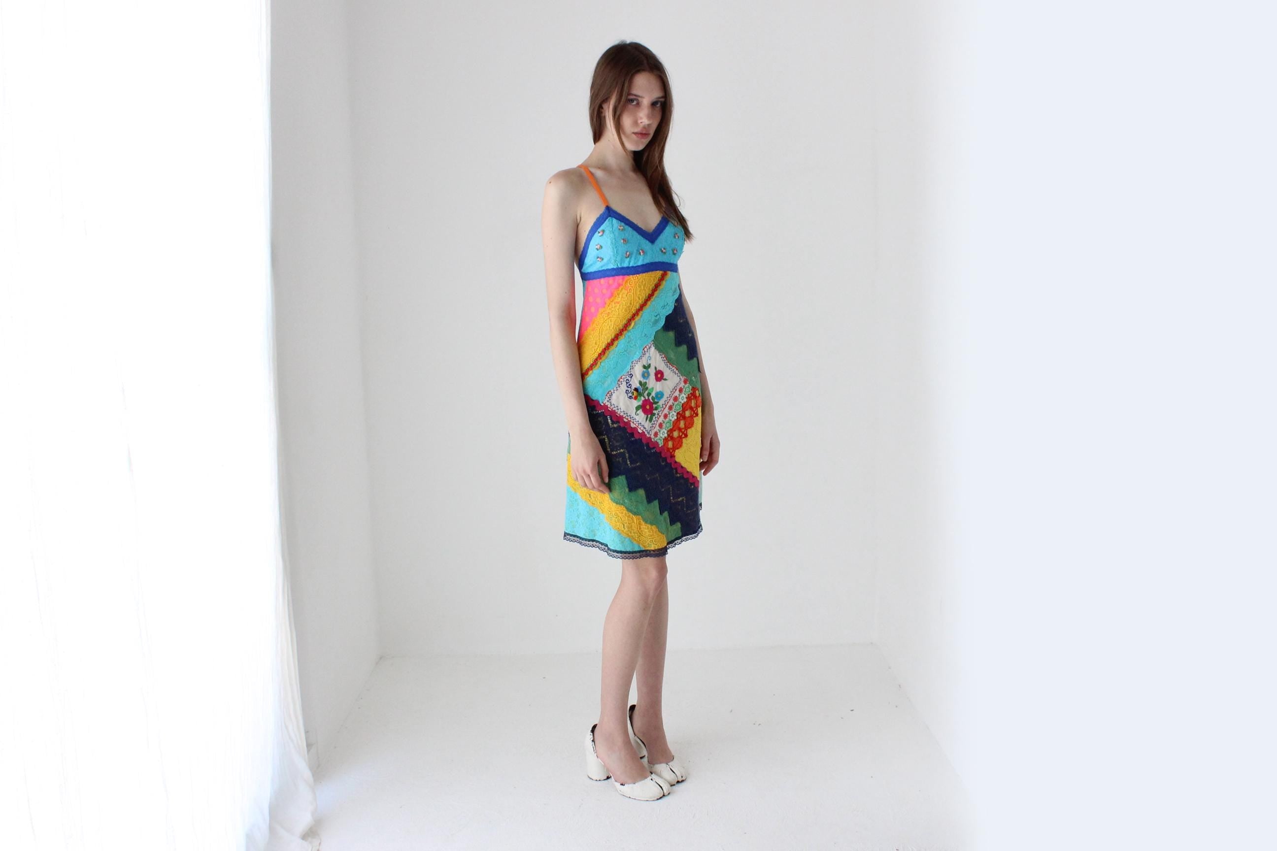 90s Bright Patchwork Lace Halter Dress