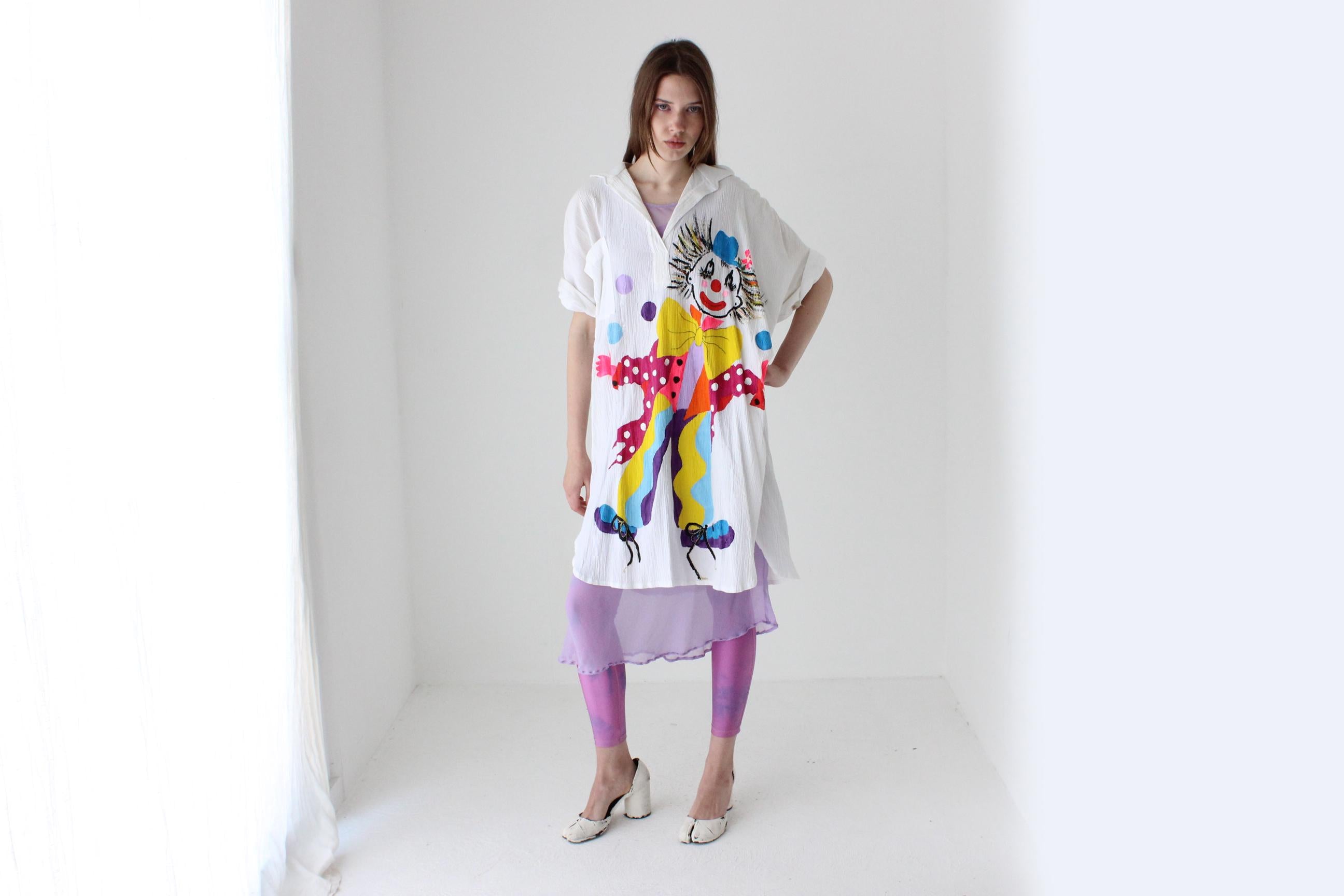 Kooky 80s Novelty Hand Painted Clown Shirt Dress