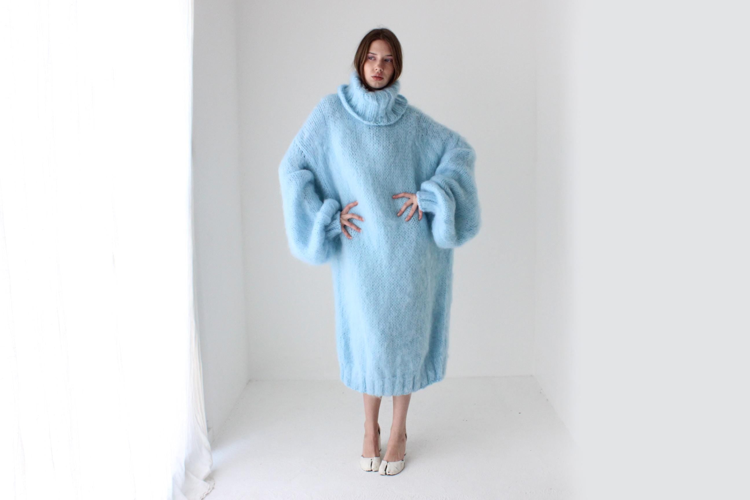 Sky Blue Hand Knit Mohair Sweater Dress