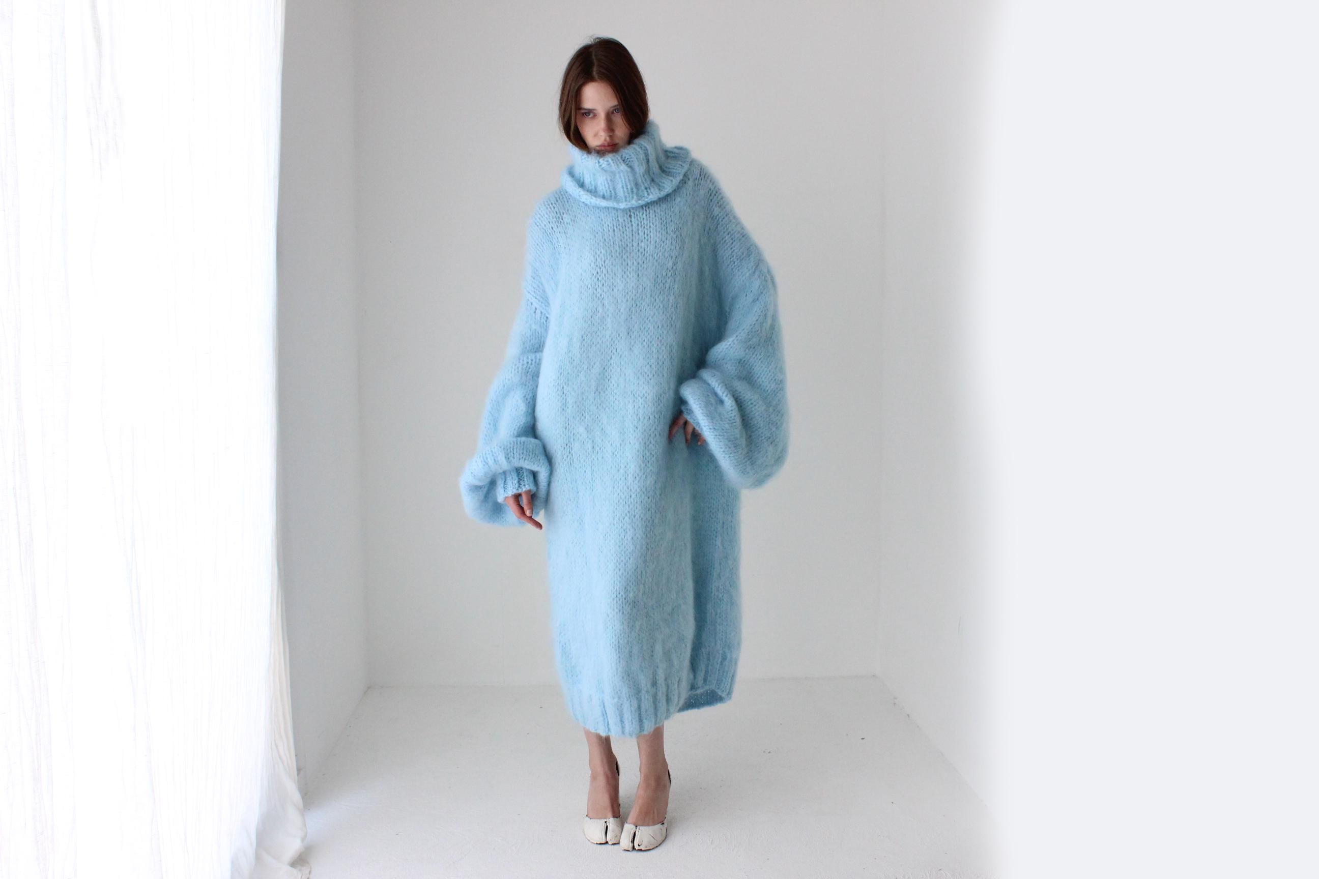 Sky Blue Hand Knit Mohair Sweater Dress