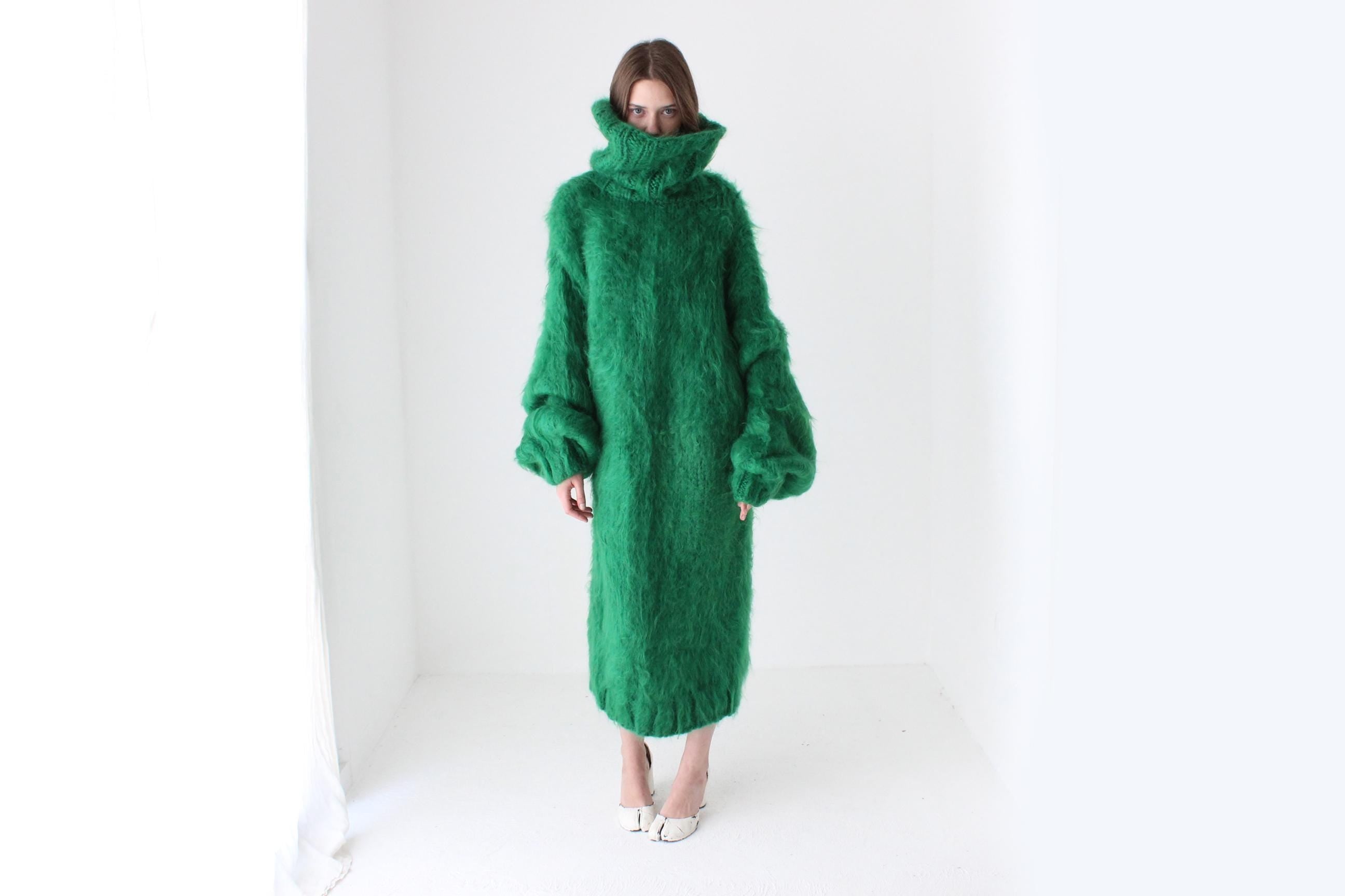 Vibrant Green Hand Knit Mohair Oversized Sweater Dress