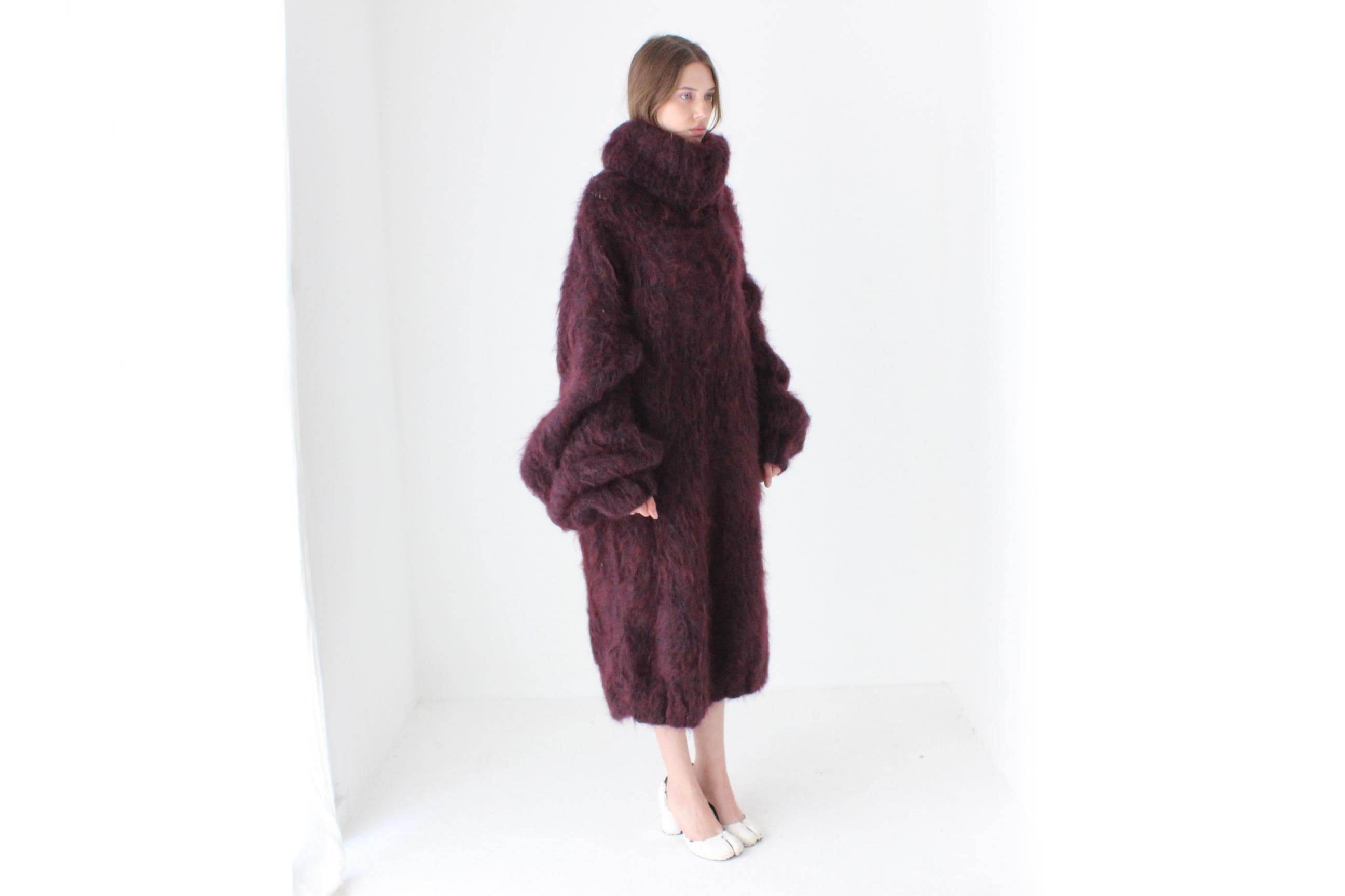 Outrageous Hand Knit Mohair Sweater Dress in Aubergine