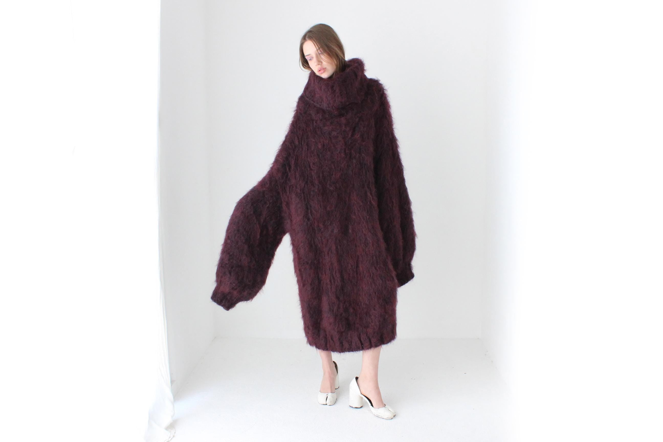 Outrageous Hand Knit Mohair Sweater Dress in Aubergine