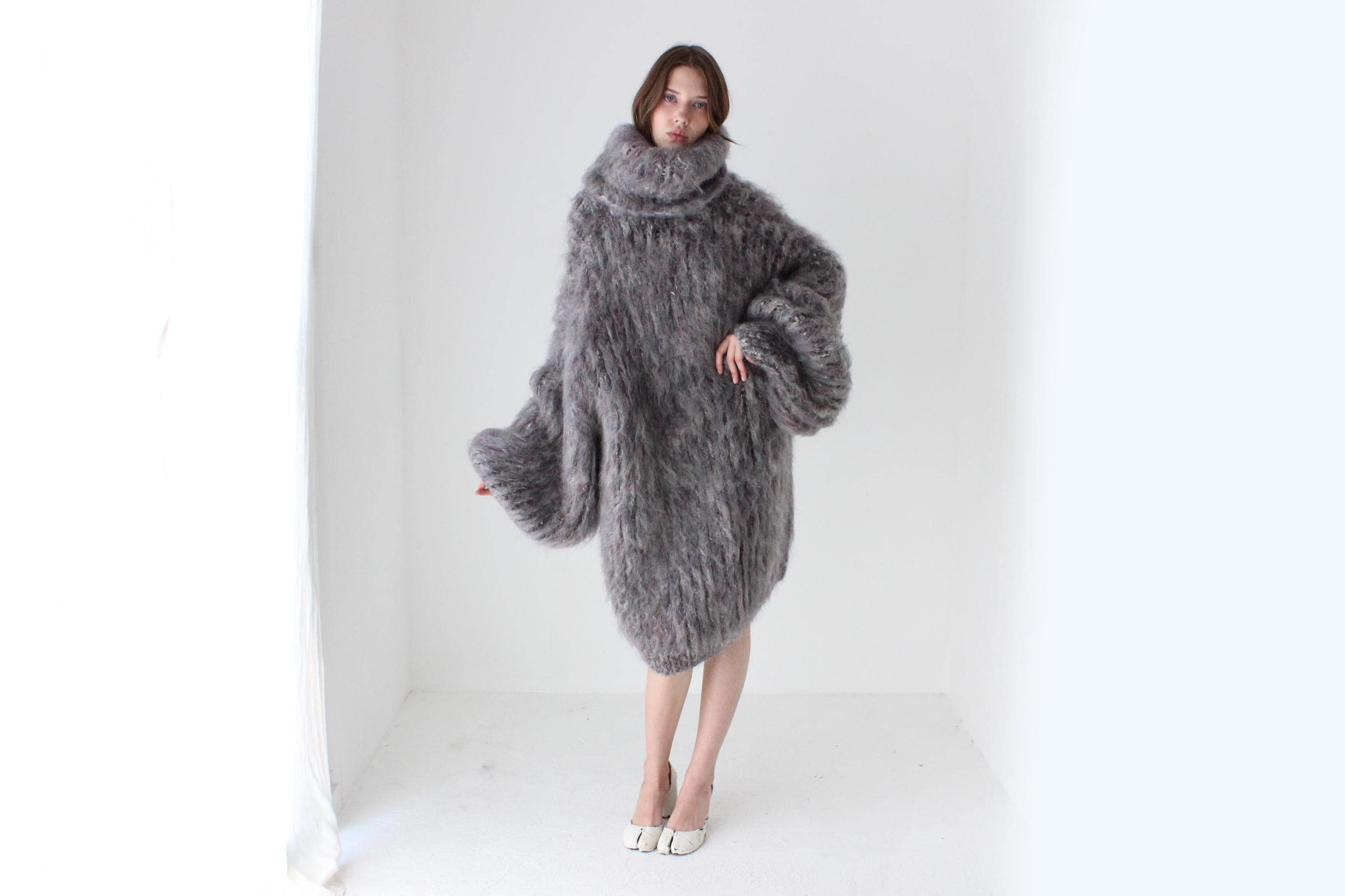 Mottled Grey Hand Knit Mohair Sweater Dress