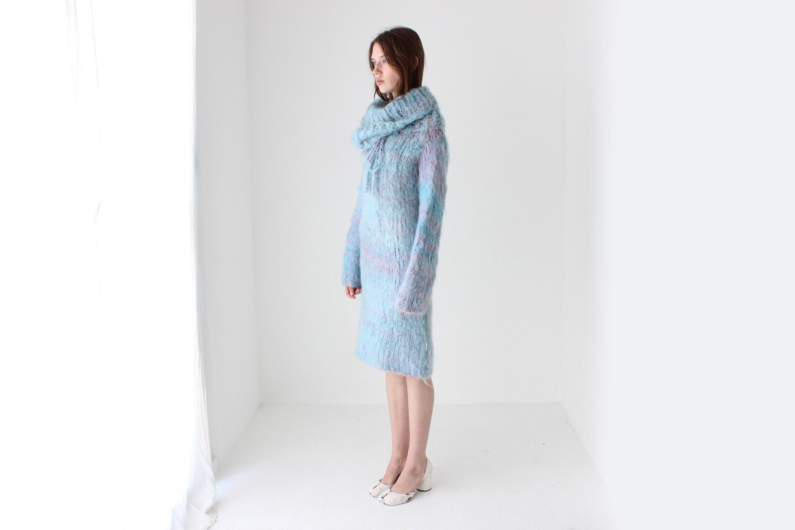 80s Mottled Pastel Hand Knit Mohair Sweater Dress