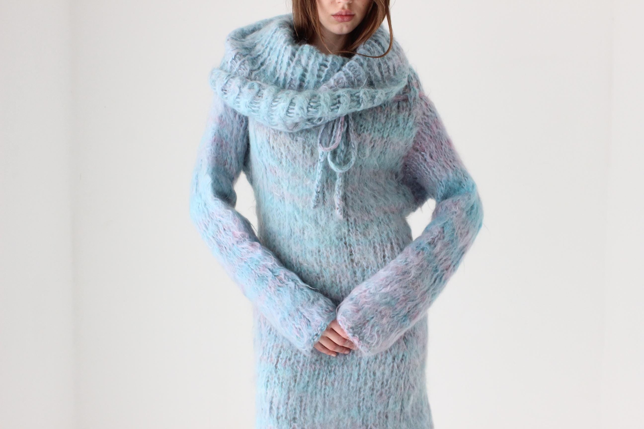 80s Mottled Pastel Hand Knit Mohair Sweater Dress
