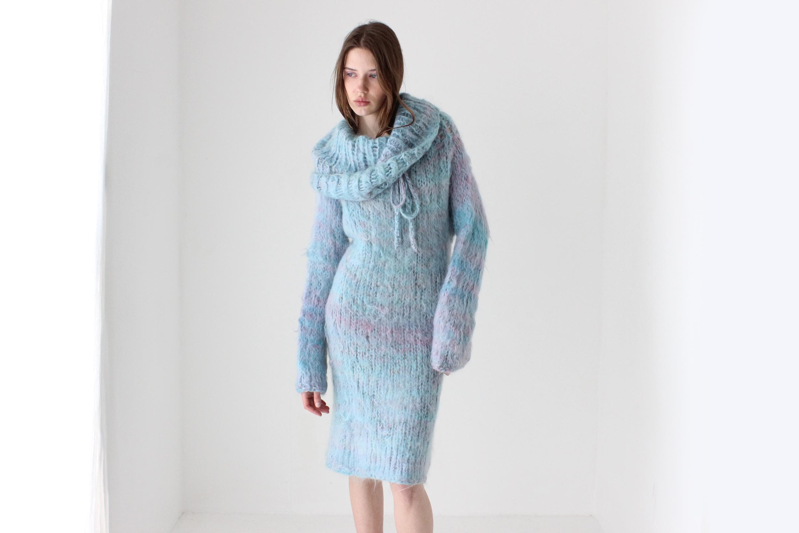 80s Mottled Pastel Hand Knit Mohair Sweater Dress