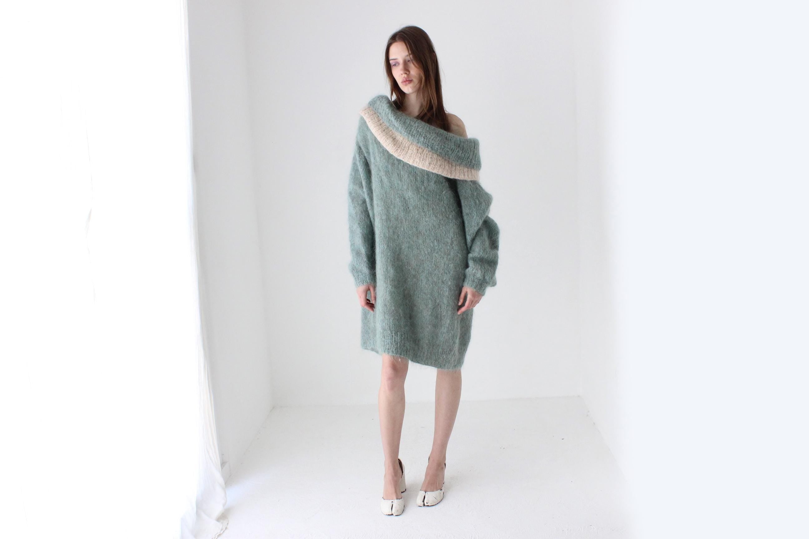 80s Sage Green Hand Knit Mohair Sweater Dress