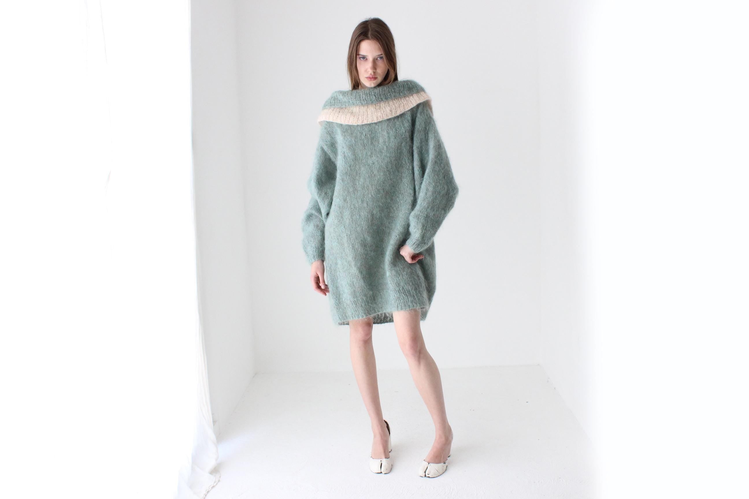 80s Sage Green Hand Knit Mohair Sweater Dress