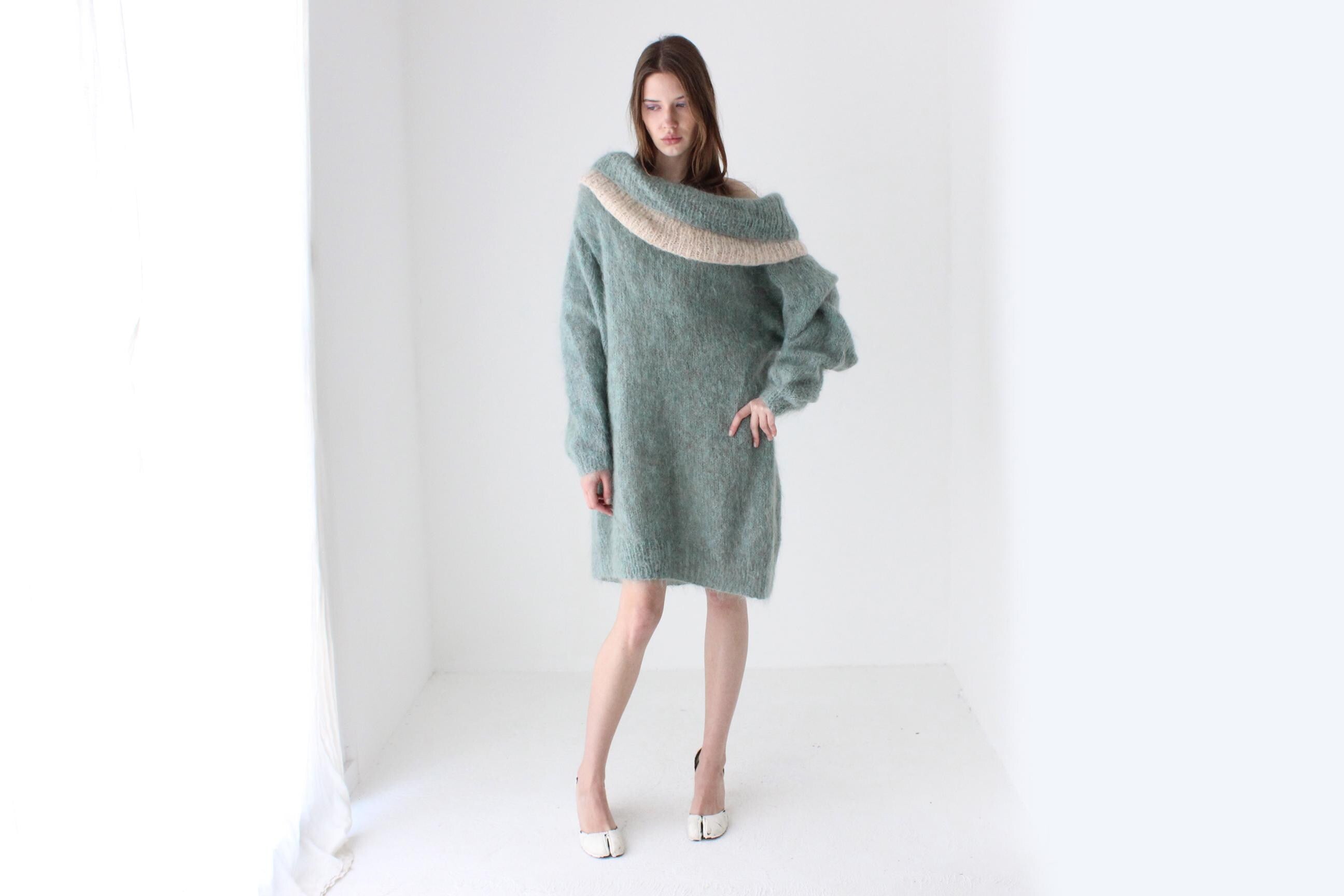 80s Sage Green Hand Knit Mohair Sweater Dress