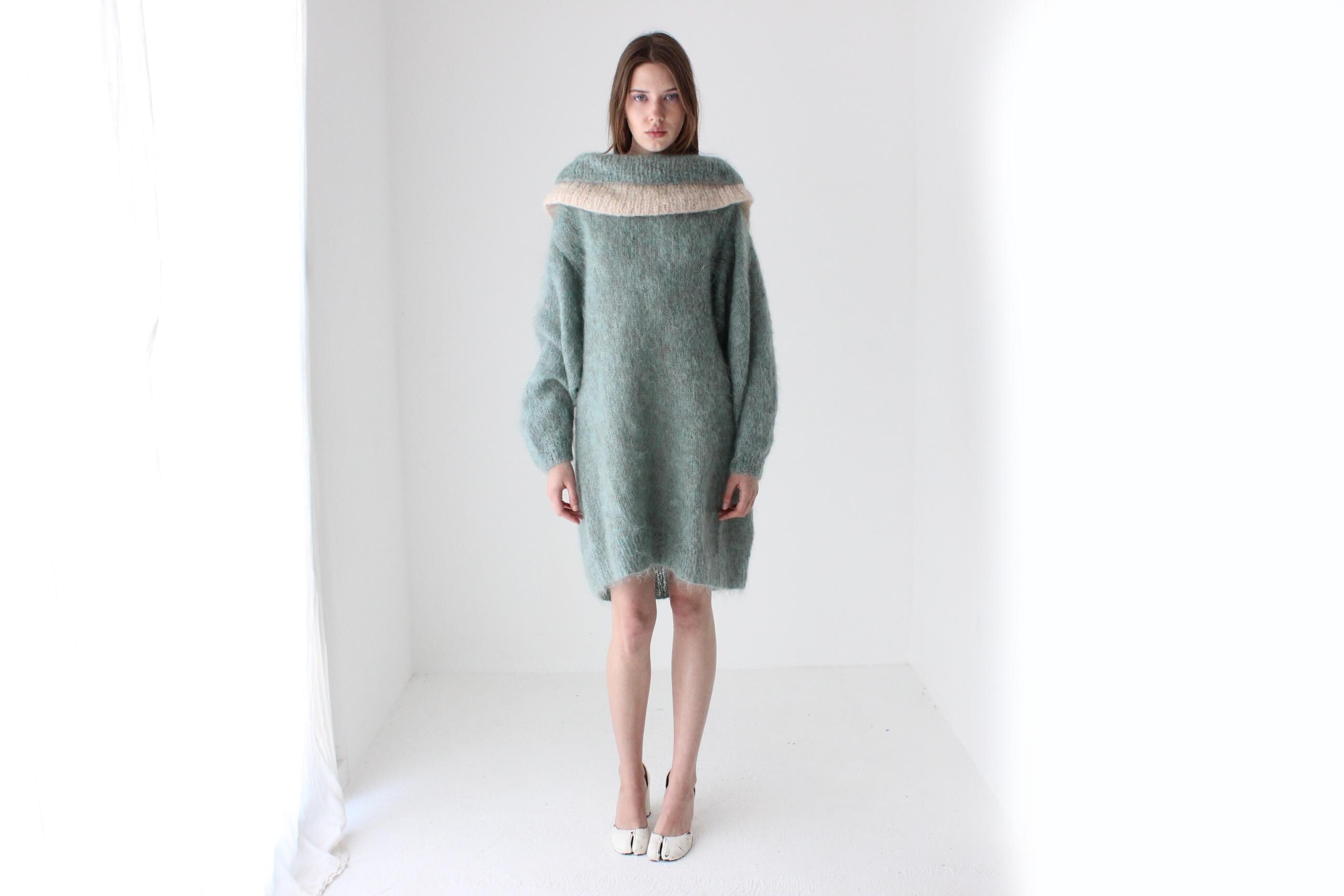 80s Sage Green Hand Knit Mohair Sweater Dress