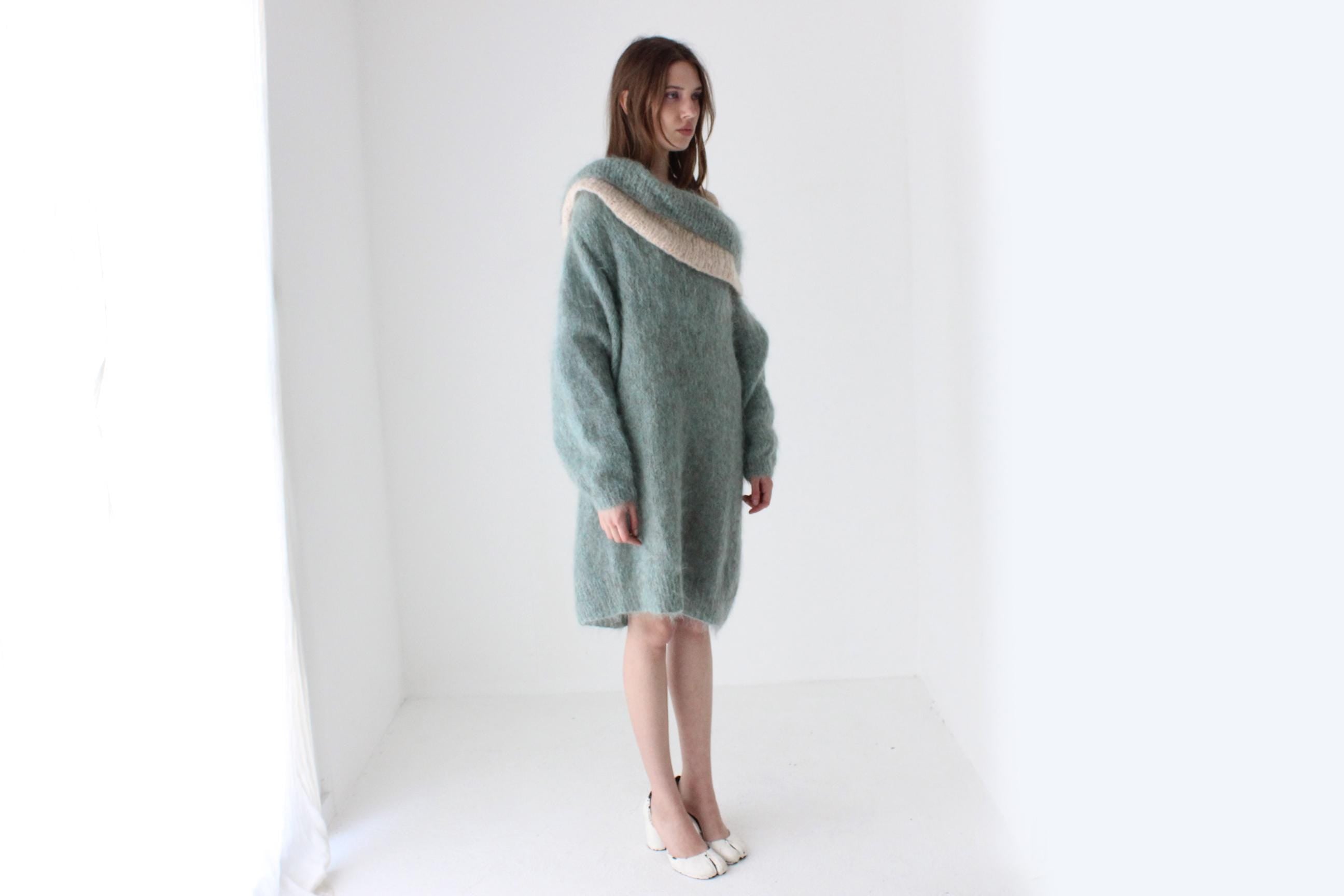 80s Sage Green Hand Knit Mohair Sweater Dress