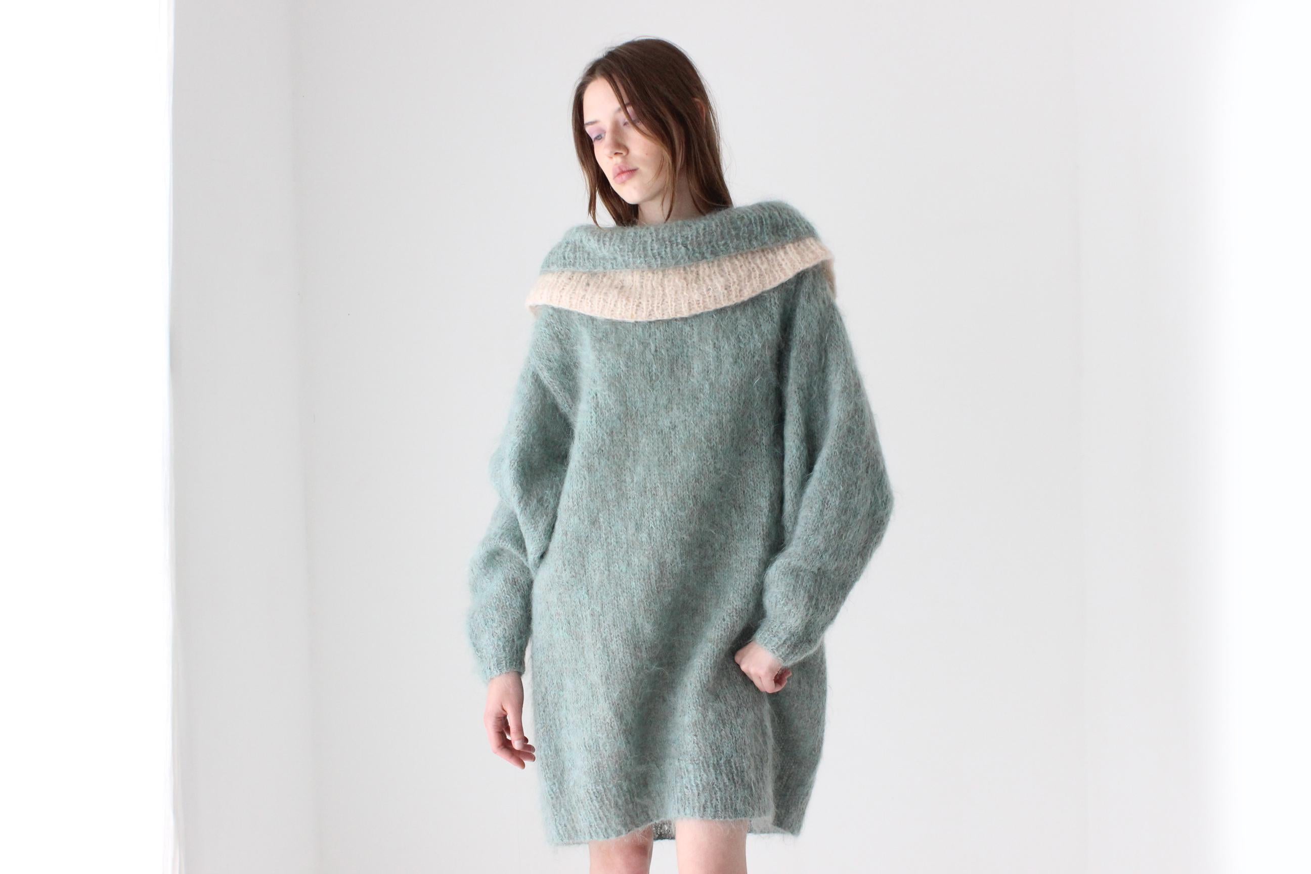 80s Sage Green Hand Knit Mohair Sweater Dress
